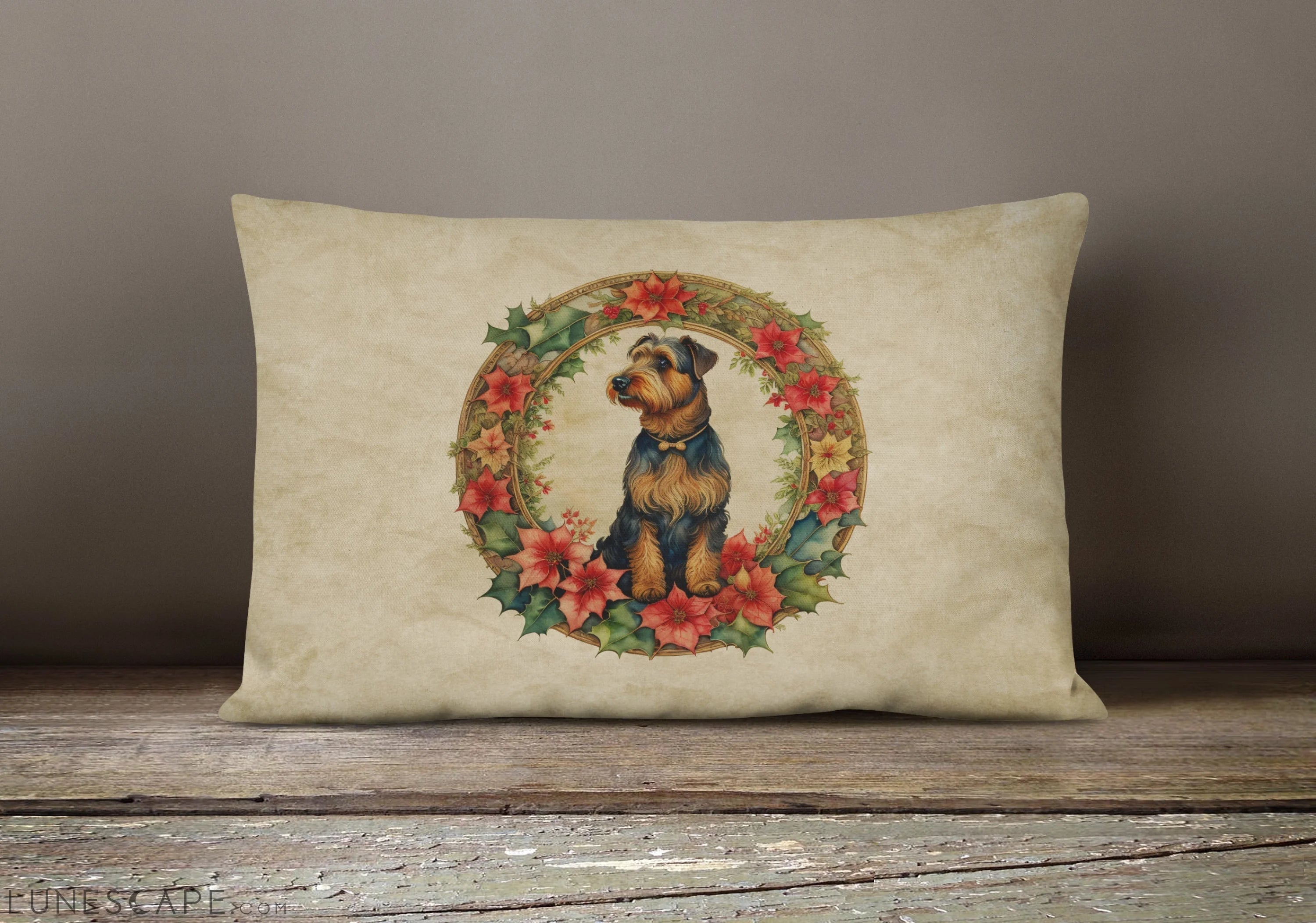 Airedale Terrier Christmas Flowers Throw Pillow LUNESCAPE