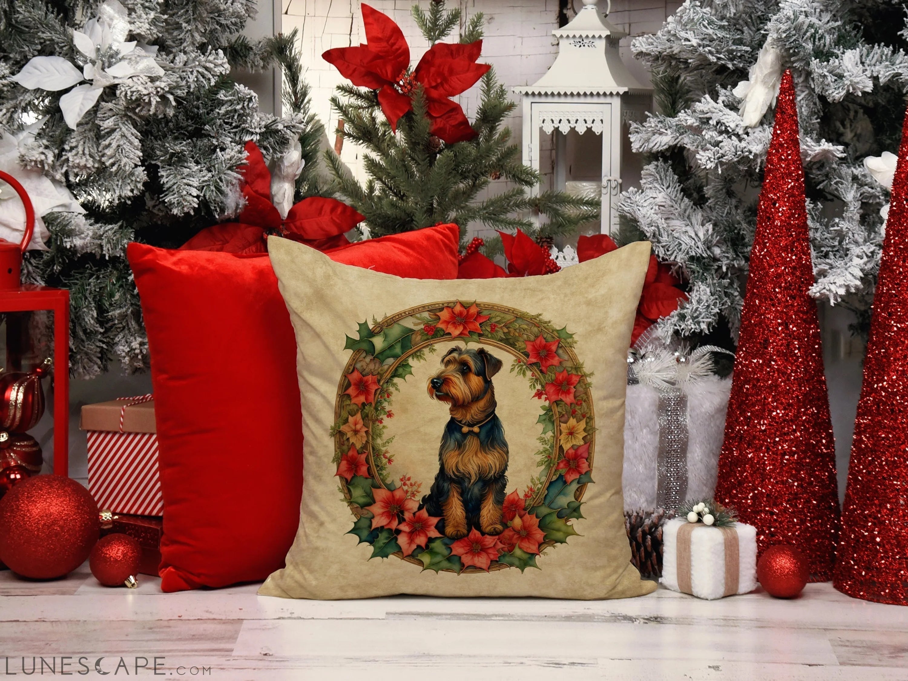 Airedale Terrier Christmas Flowers Throw Pillow LUNESCAPE