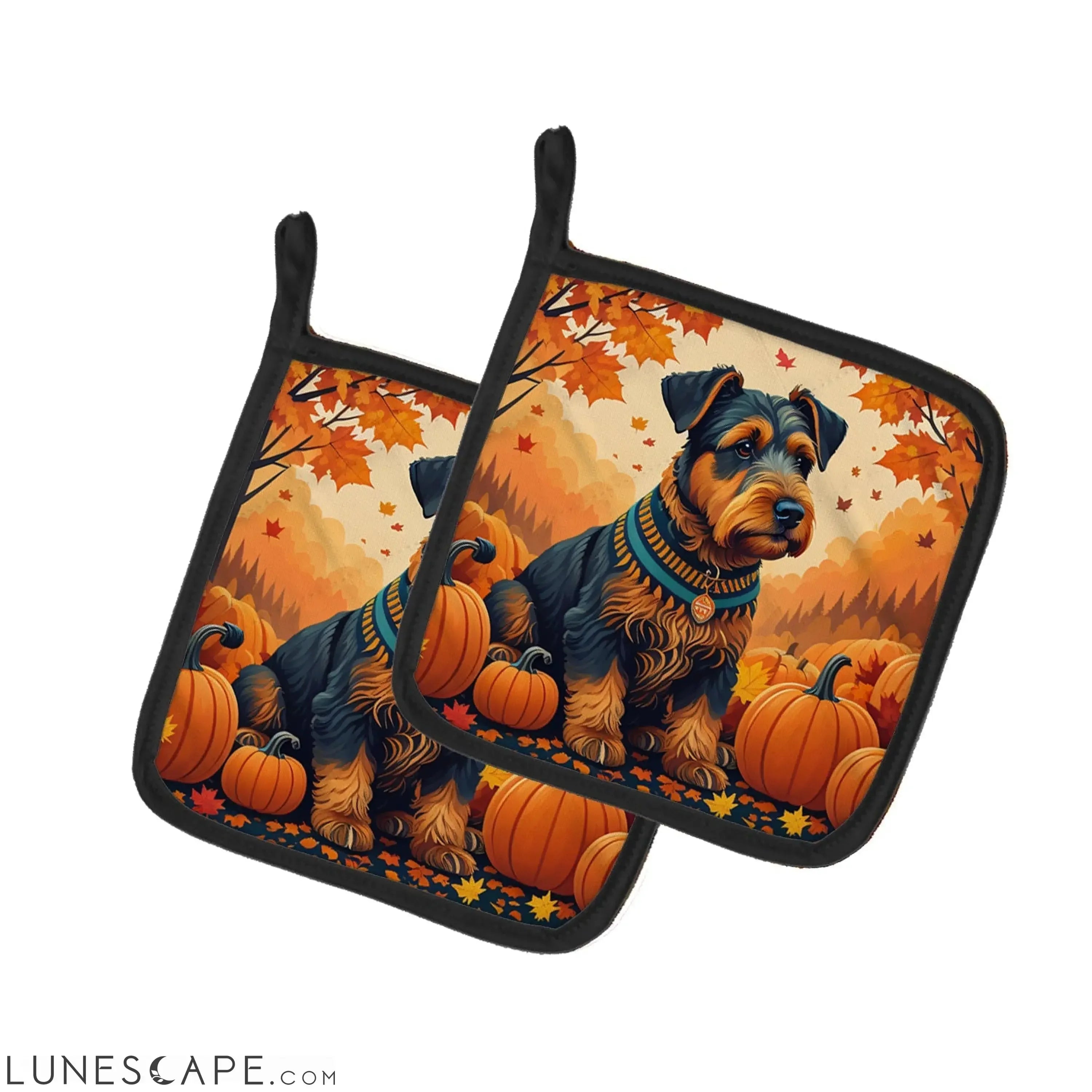 Airedale Terrier Fall Pair of Pot Holders LUNESCAPE