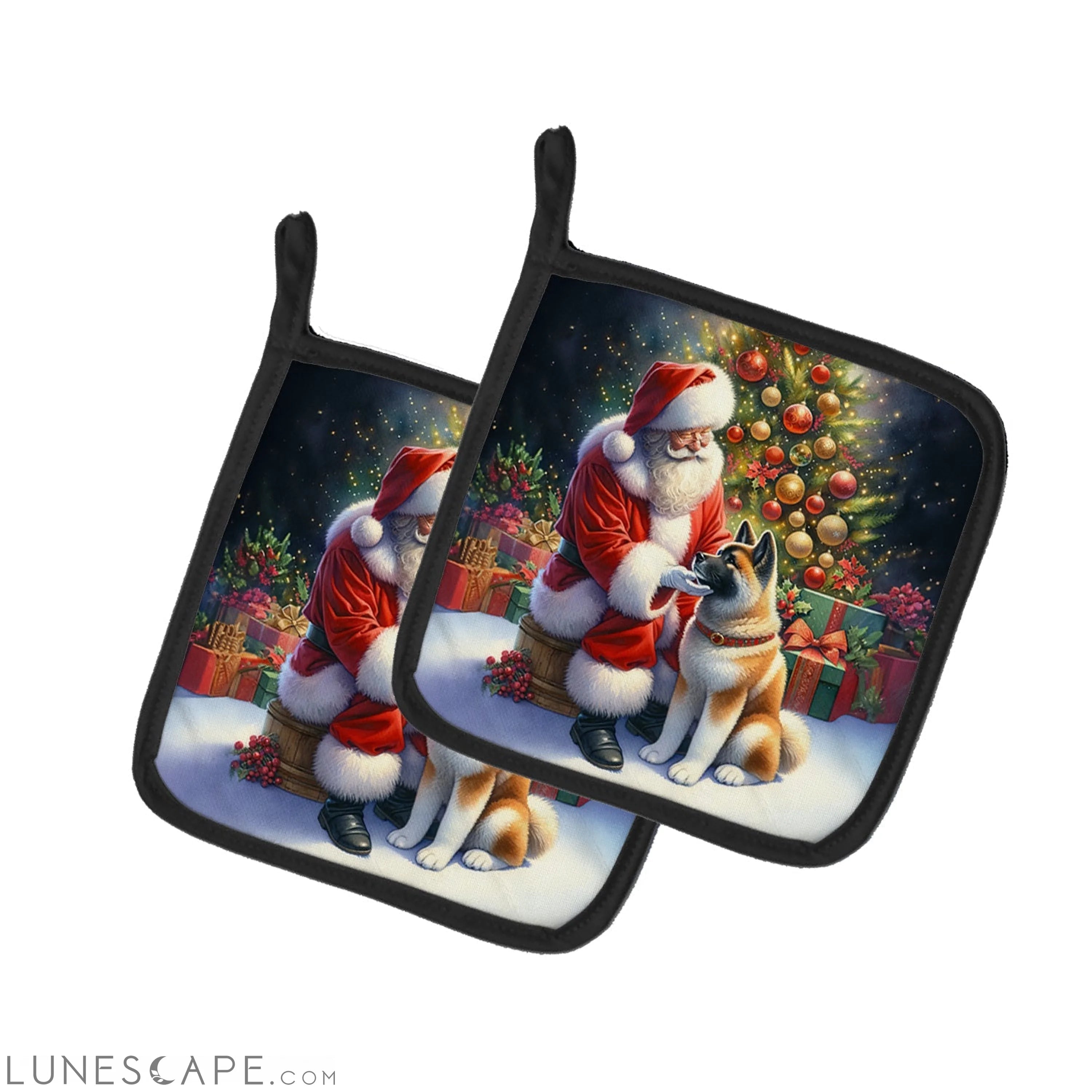 Akita and Santa Claus Pair of Pot Holders LUNESCAPE