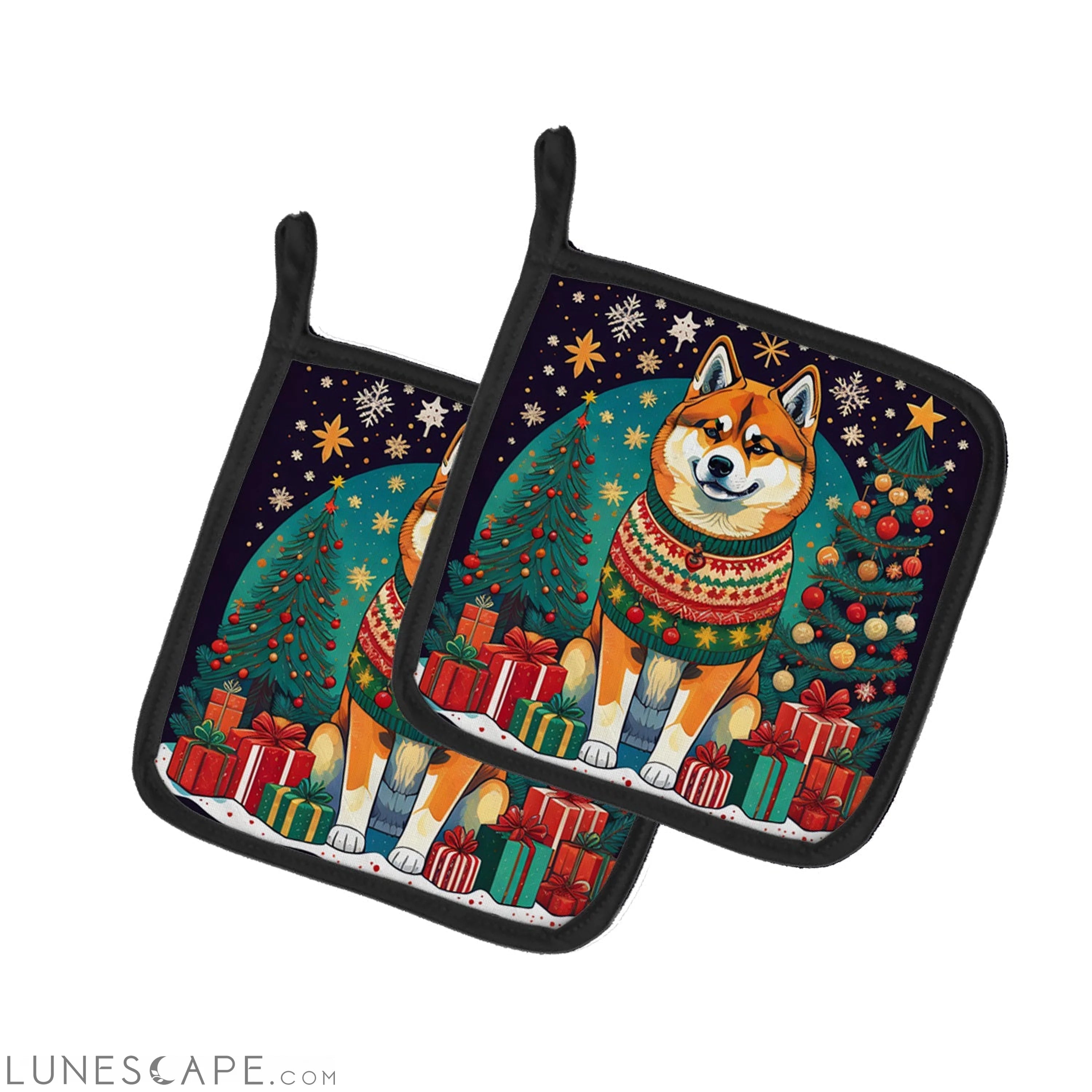 Akita Christmas Pair of Pot Holders LUNESCAPE