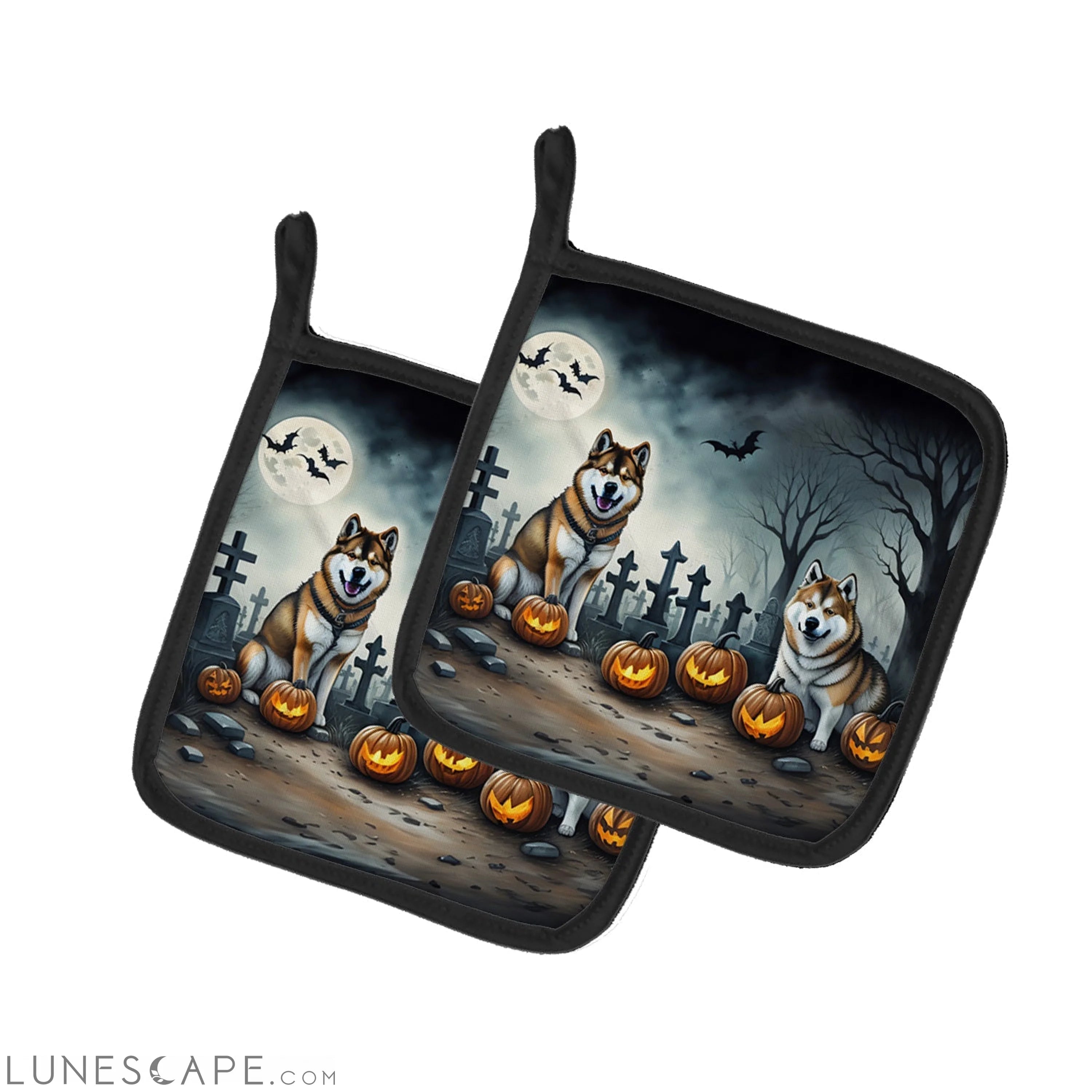 Akita Spooky Halloween Pair of Pot Holders LUNESCAPE