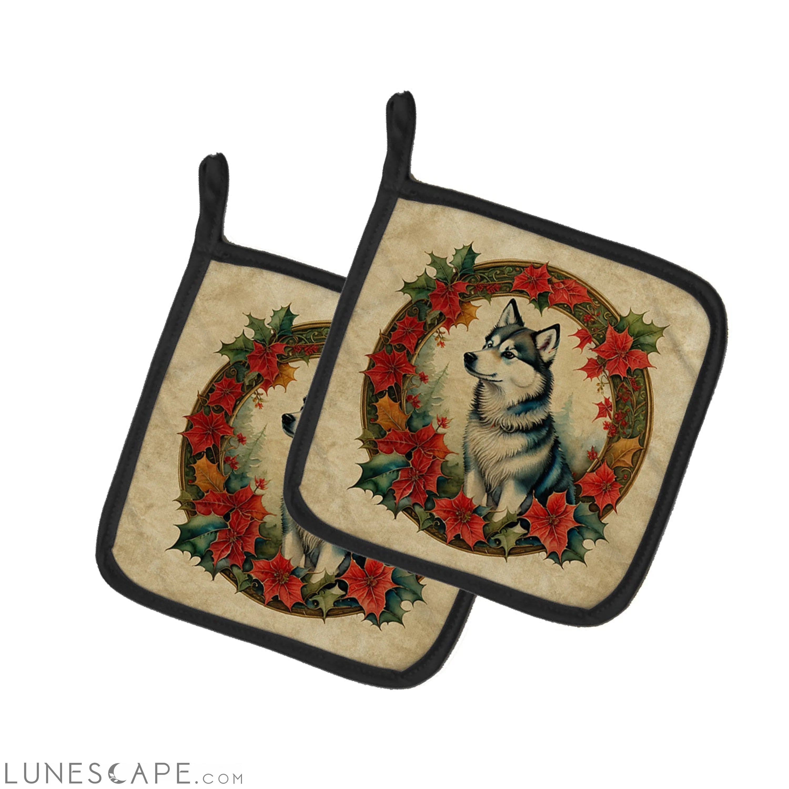 Alaskan Klee Kai Christmas Flowers Pair of Pot Holders LUNESCAPE