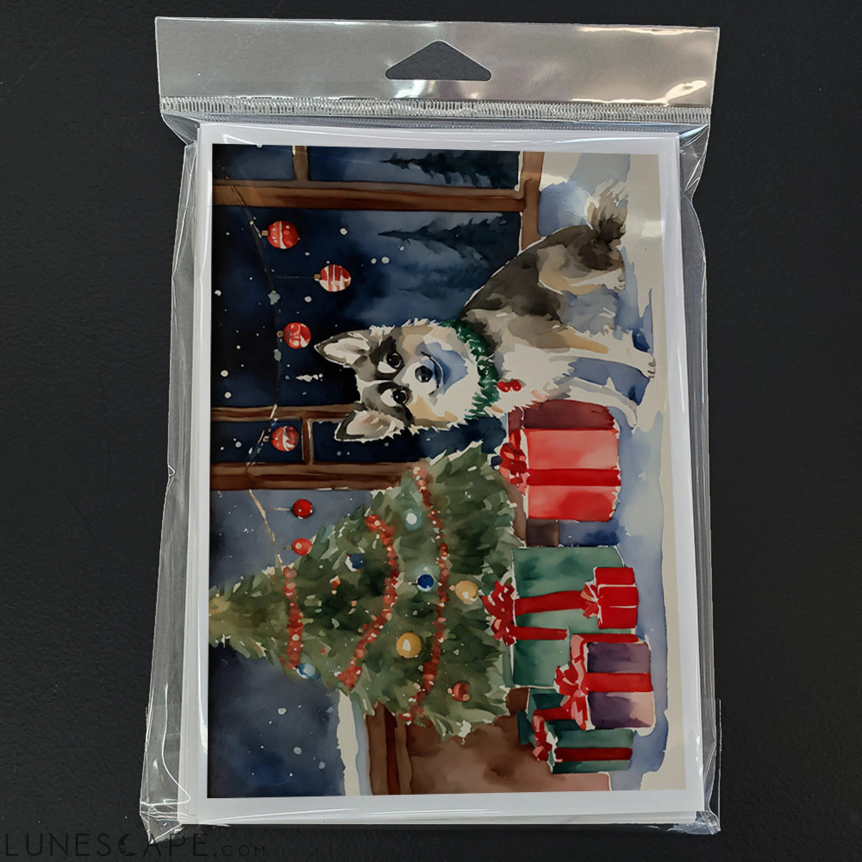 Alaskan Klee Kai Cozy Christmas Greeting Cards Pack of 8 LUNESCAPE
