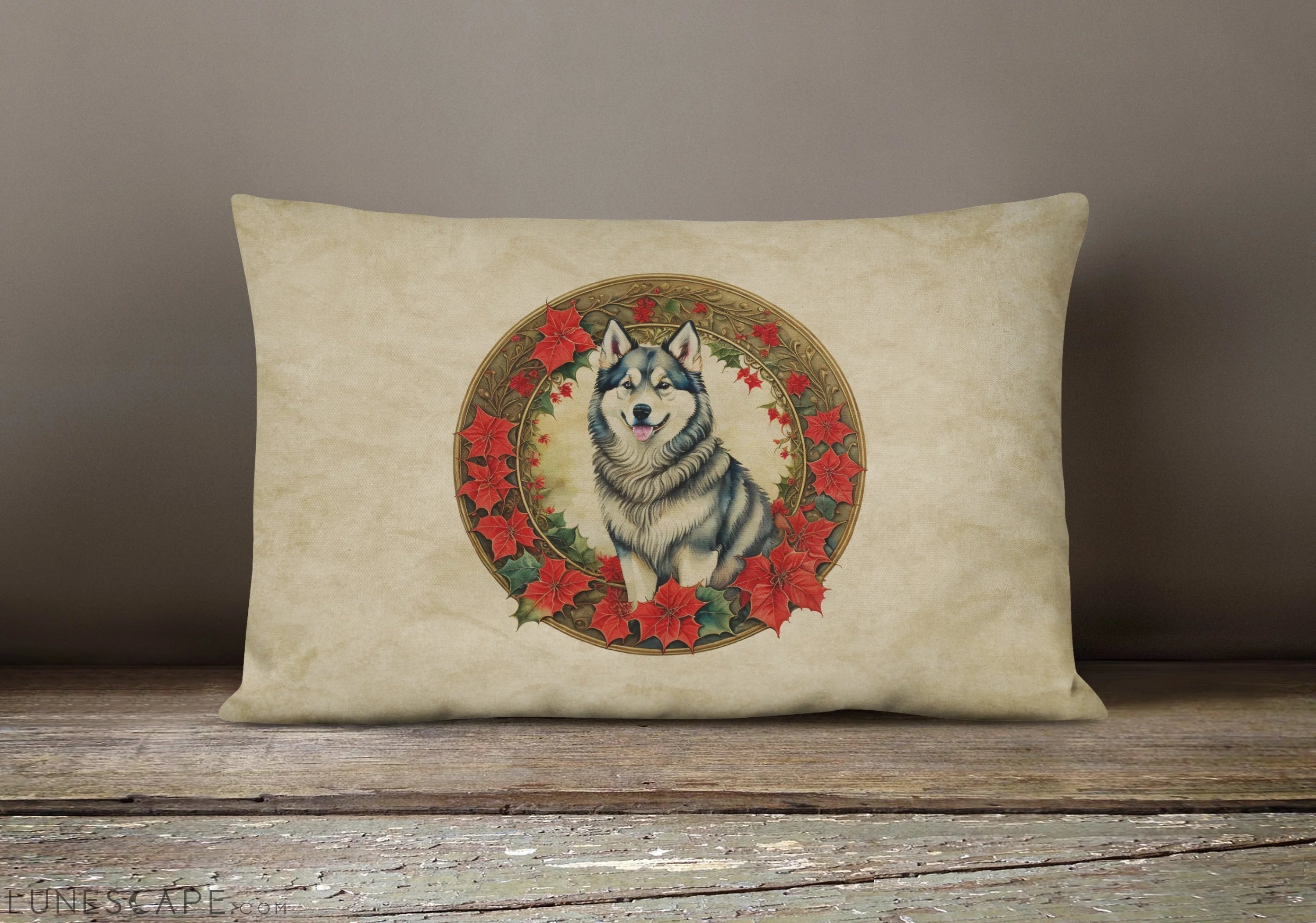 Alaskan Malamute Christmas Flowers Throw Pillow LUNESCAPE