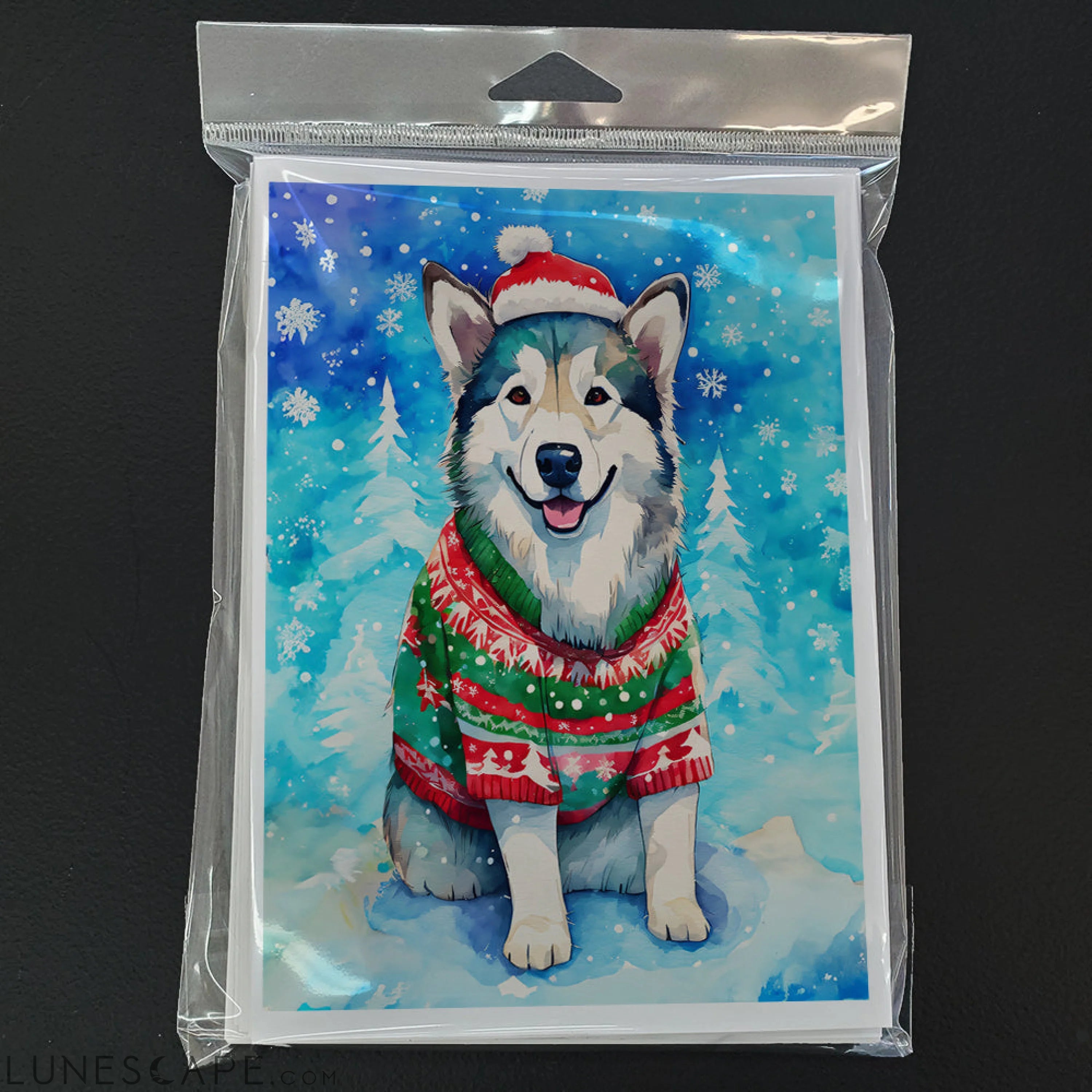Alaskan Malamute Christmas Greeting Cards Pack of 8 LUNESCAPE