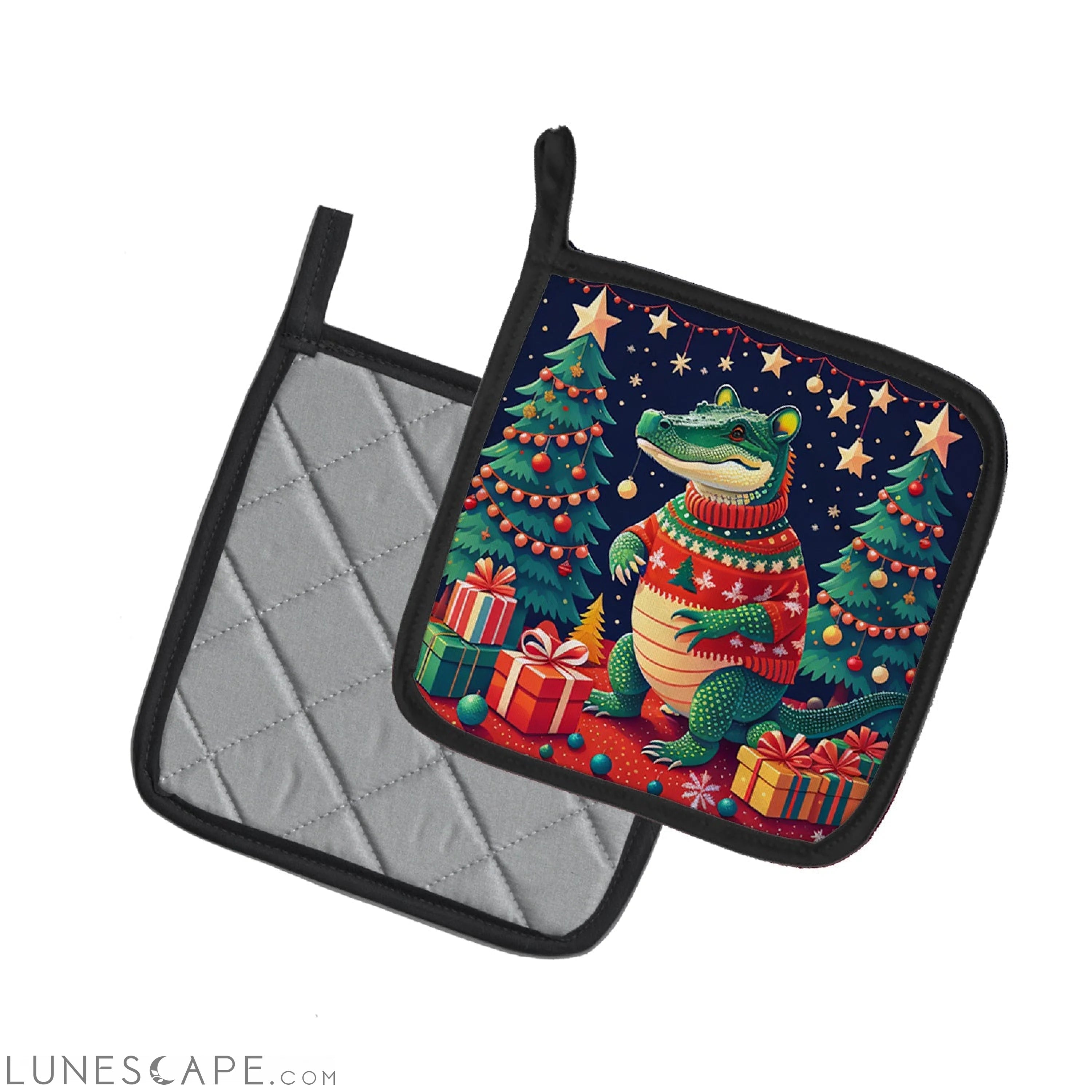 Alligator Christmas Pair of Pot Holders LUNESCAPE