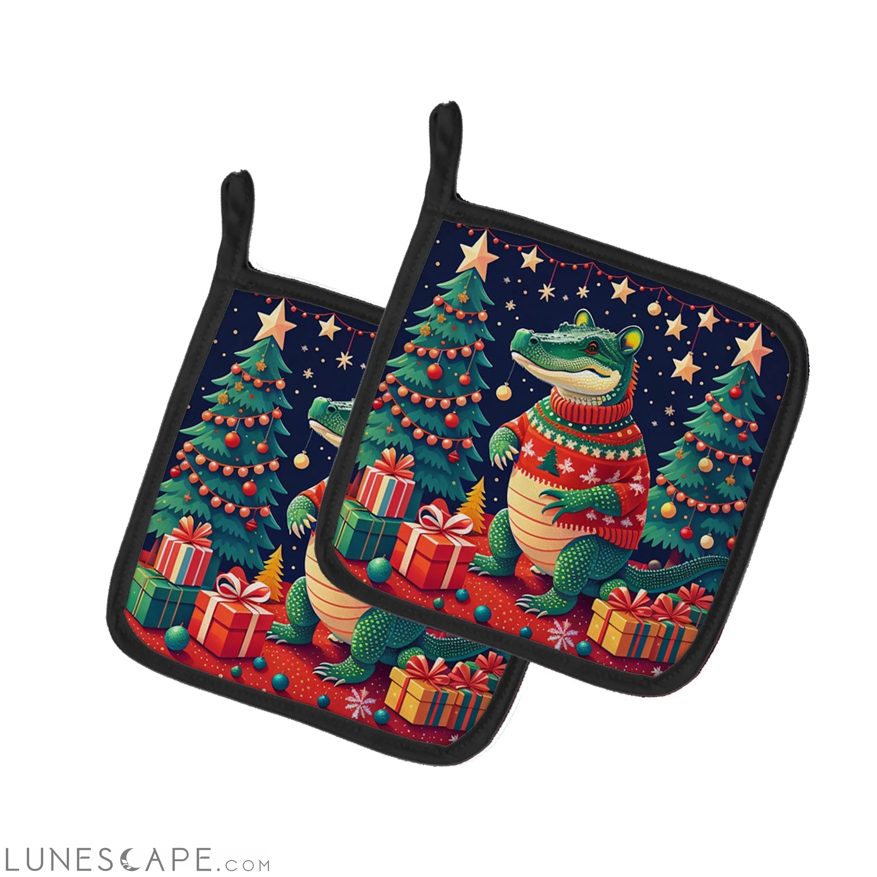 Alligator Christmas Pair of Pot Holders LUNESCAPE