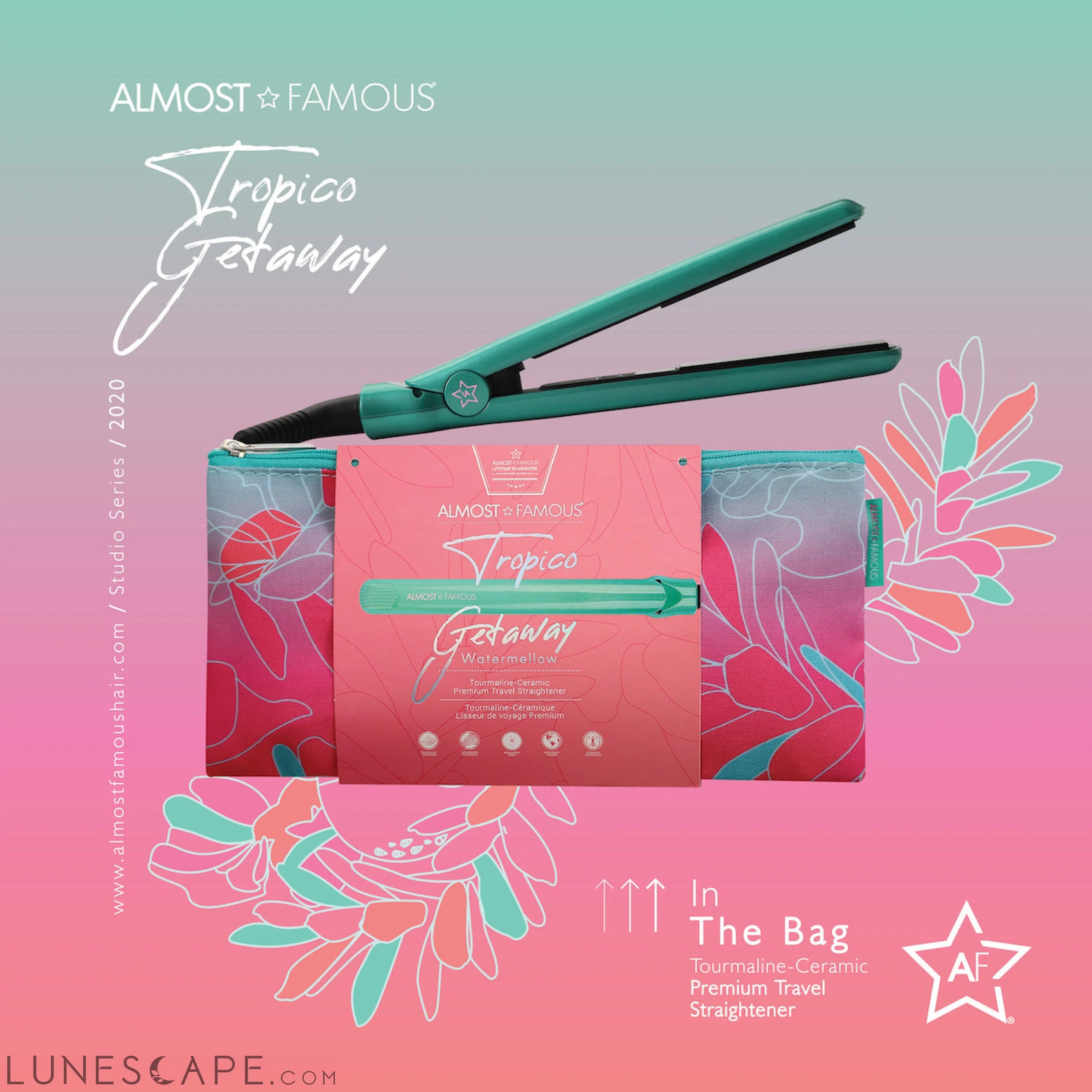 Almost Famous 0.5" Tropico Getaway Mini Travel Flat Iron+Designer Bag LUNESCAPE