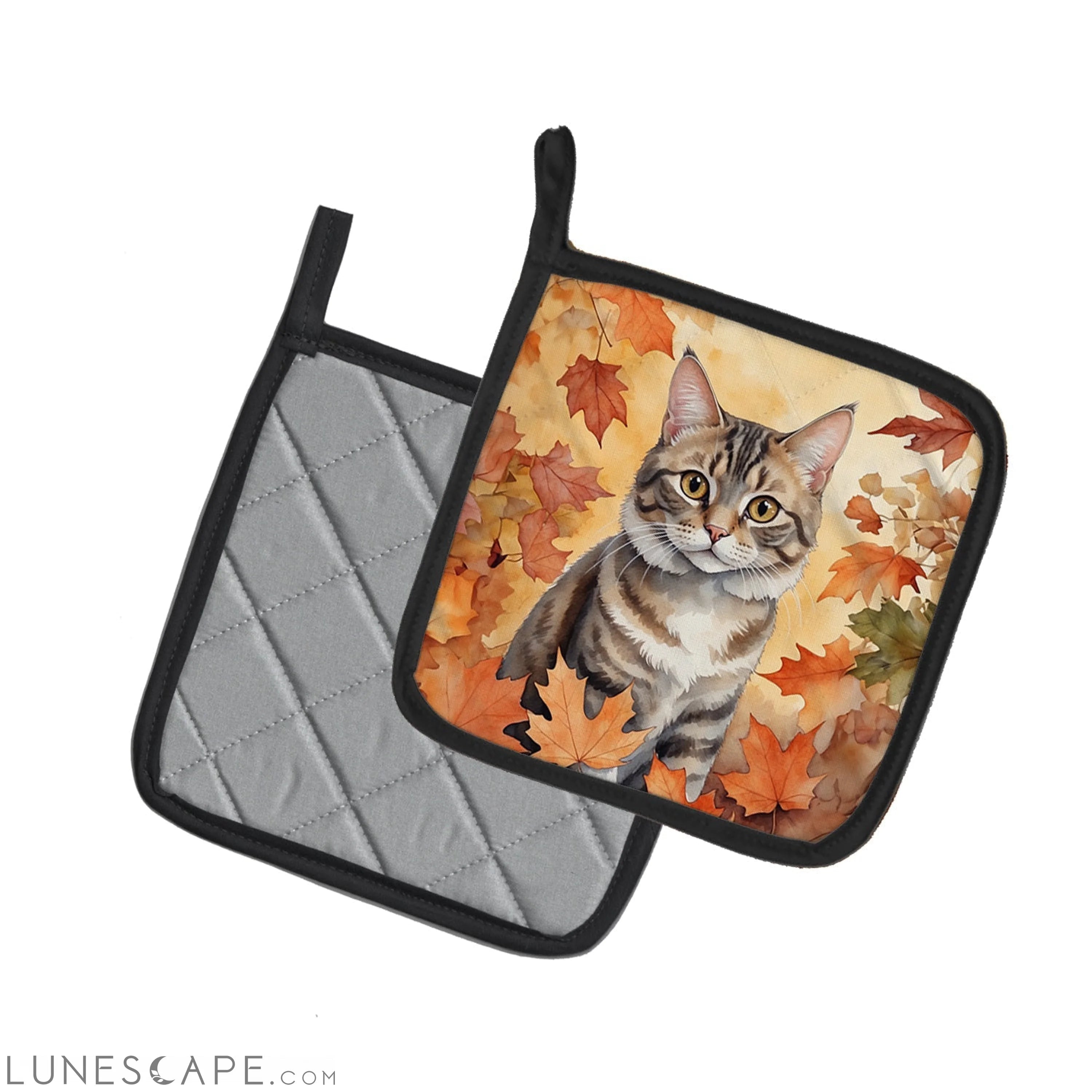 American Bobtail Cat in Fall Leaves Pair of Pot Holders LUNESCAPE