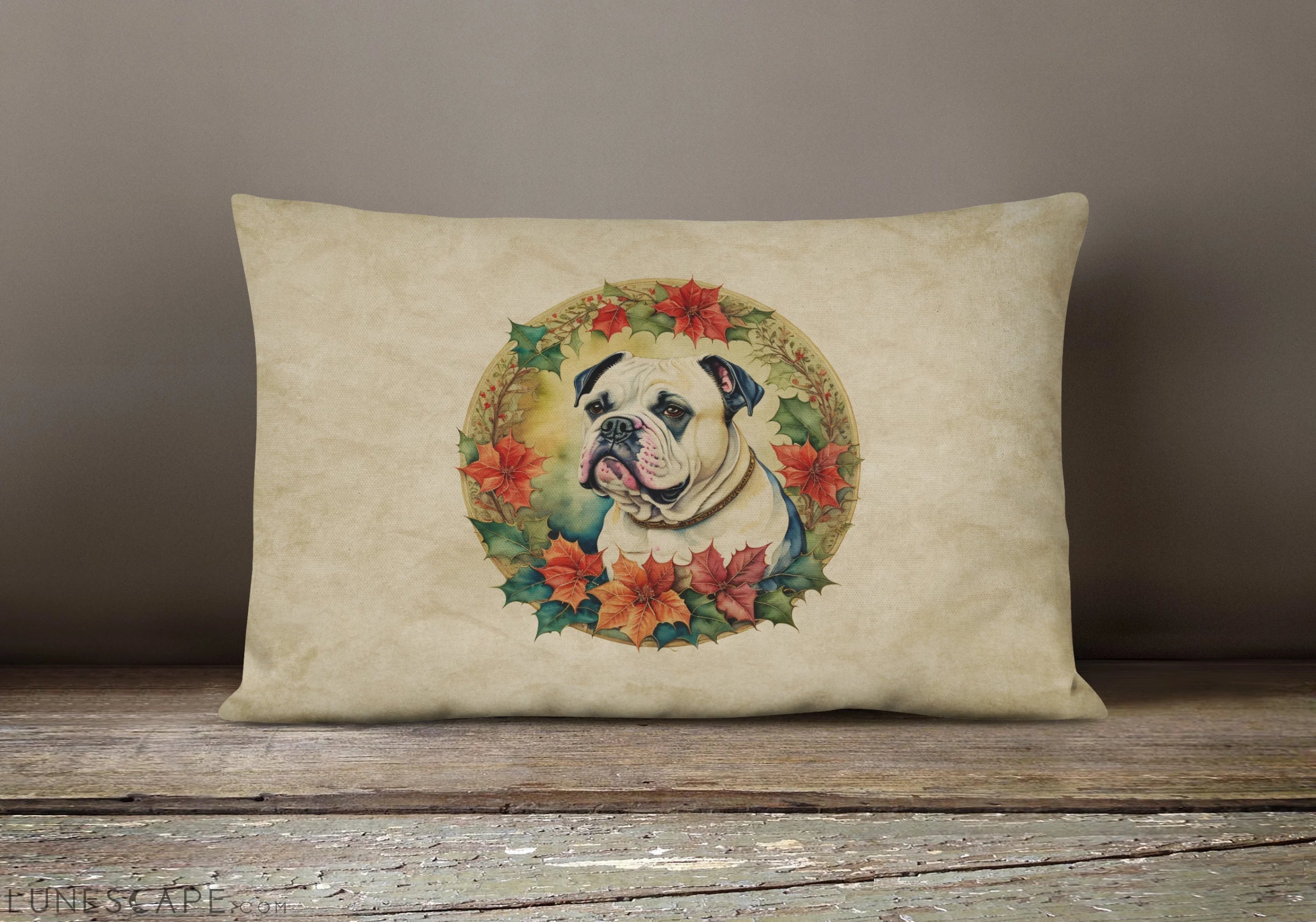 American Bulldog Christmas Flowers Throw Pillow LUNESCAPE