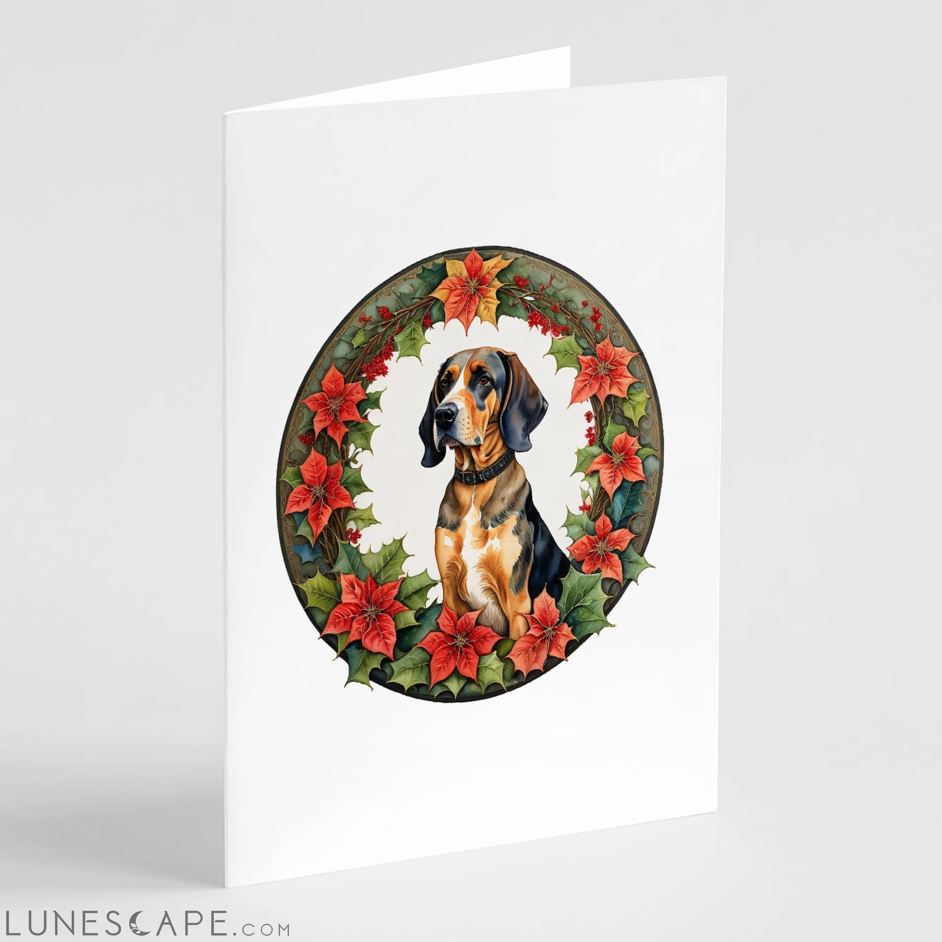 American English Coonhound Christmas Flowers Greeting Cards Pack of 8 LUNESCAPE