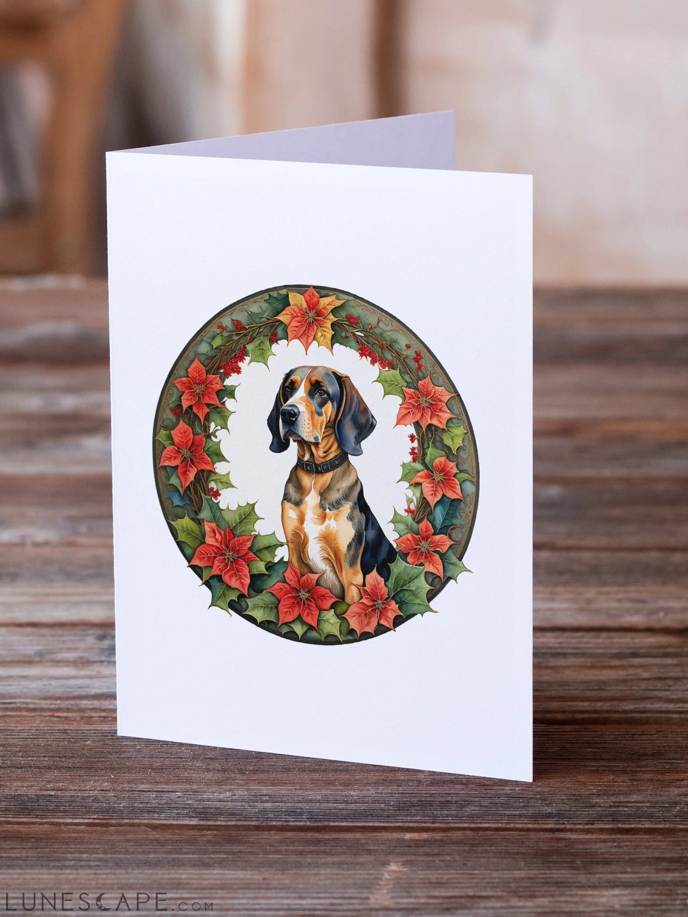 American English Coonhound Christmas Flowers Greeting Cards Pack of 8 LUNESCAPE