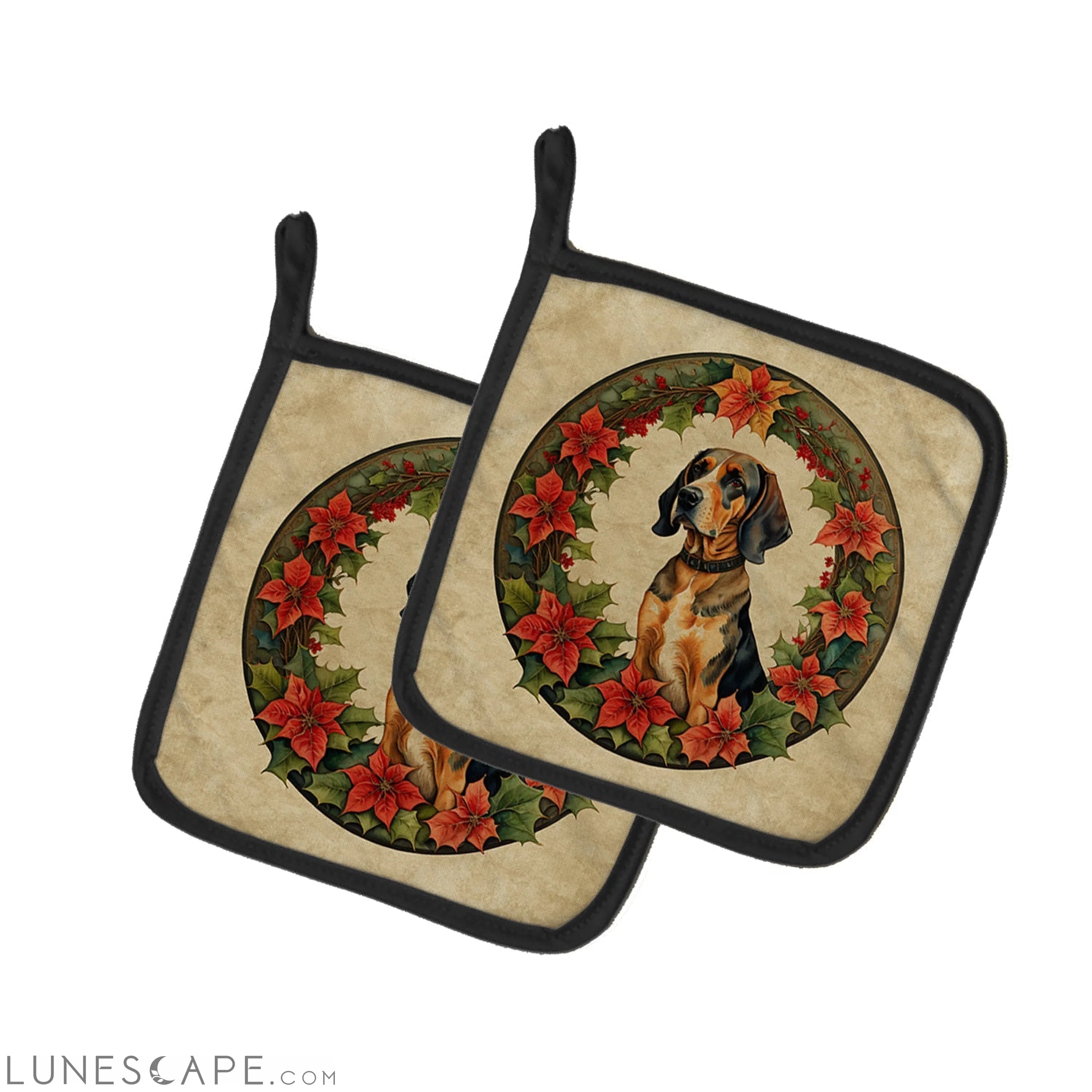 American English Coonhound Christmas Flowers Pair of Pot Holders LUNESCAPE