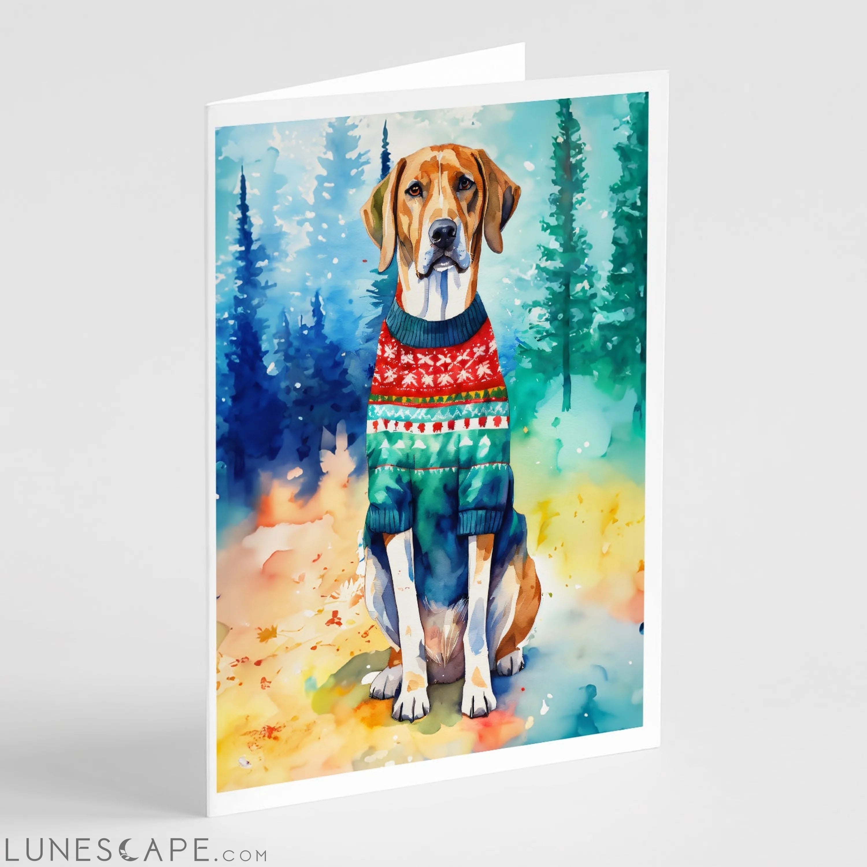 American English Coonhound Christmas Greeting Cards Pack of 8 LUNESCAPE