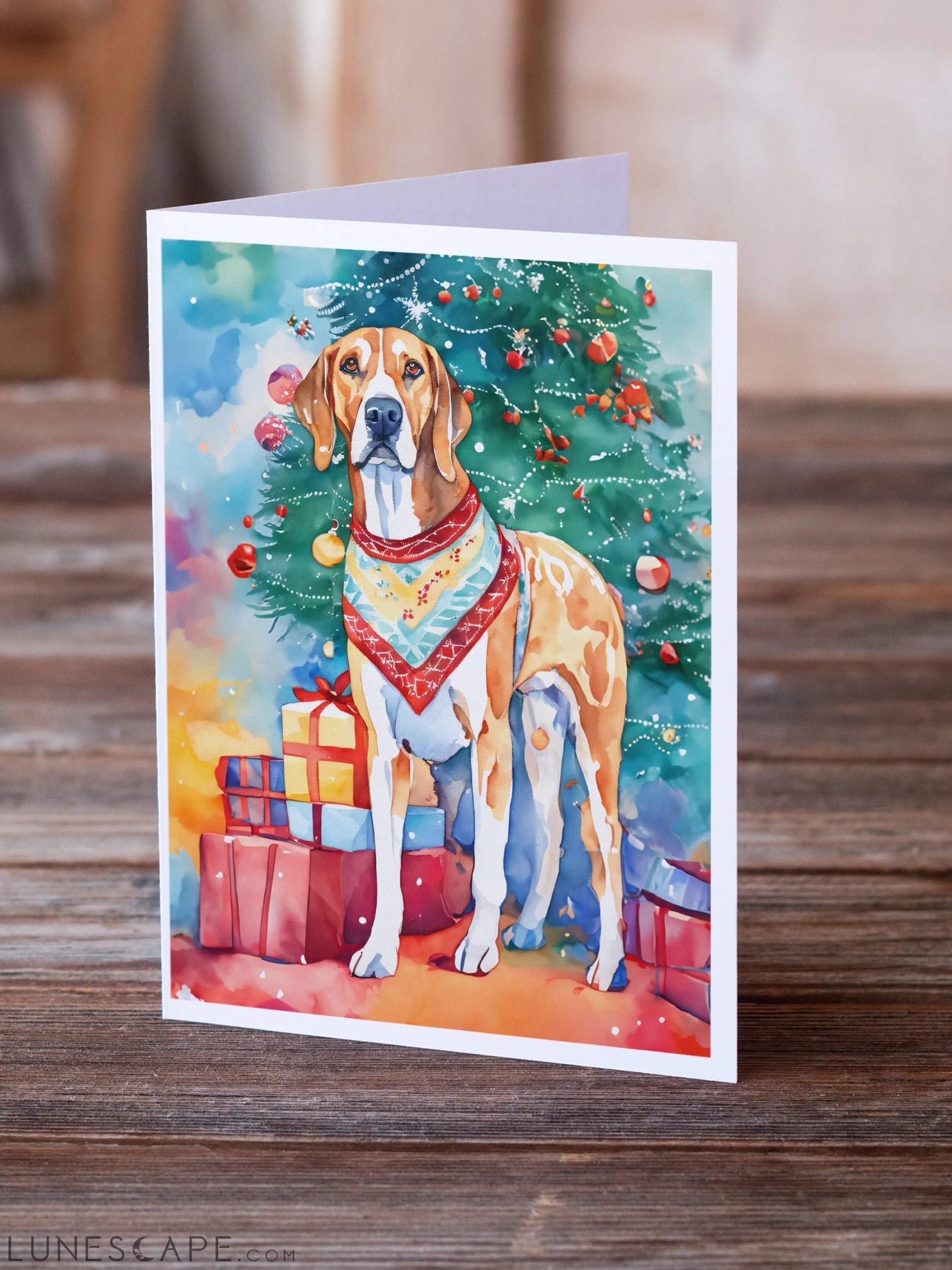 American English Coonhound Christmas Greeting Cards Pack of 8 LUNESCAPE