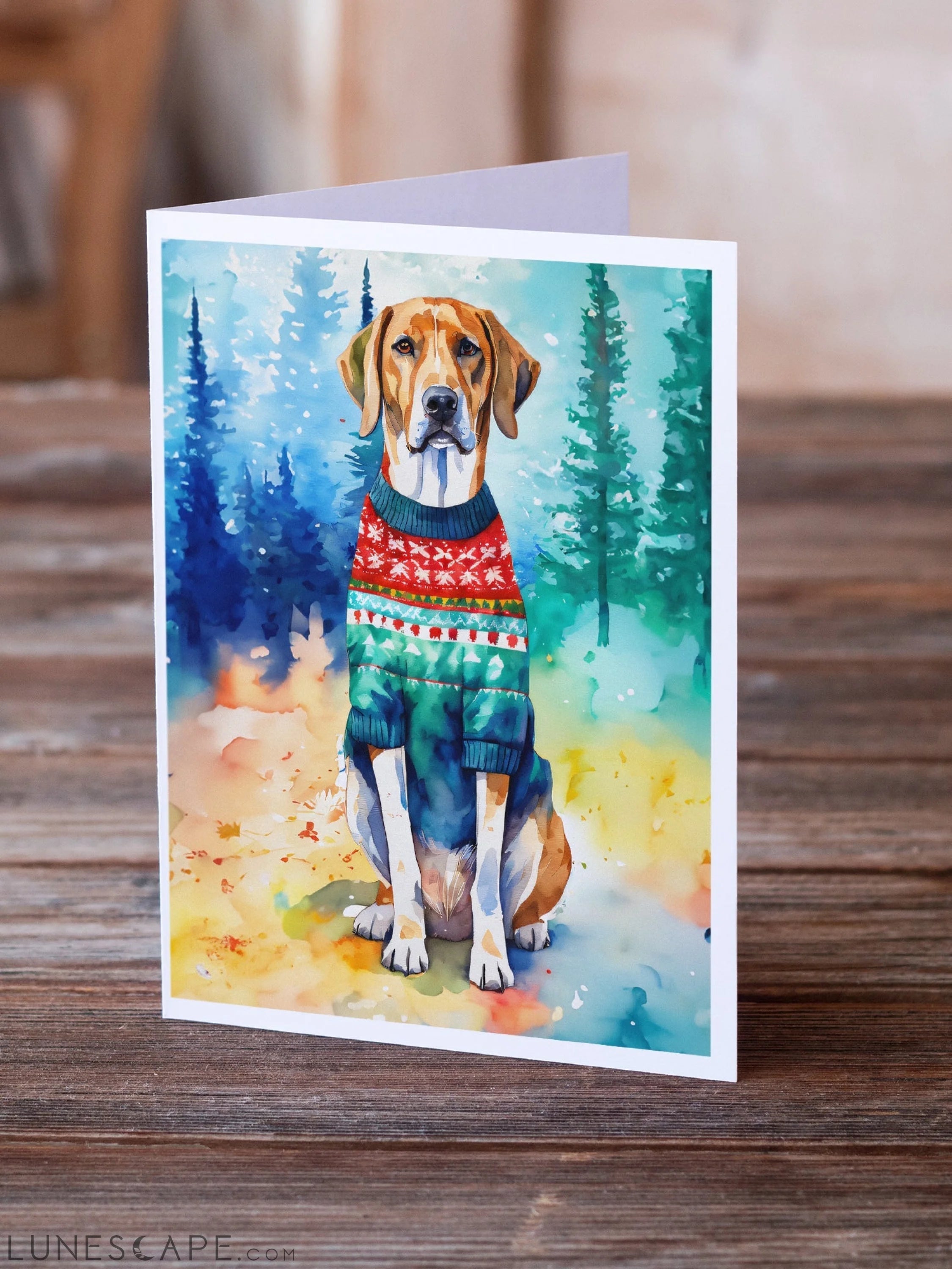 American English Coonhound Christmas Greeting Cards Pack of 8 LUNESCAPE