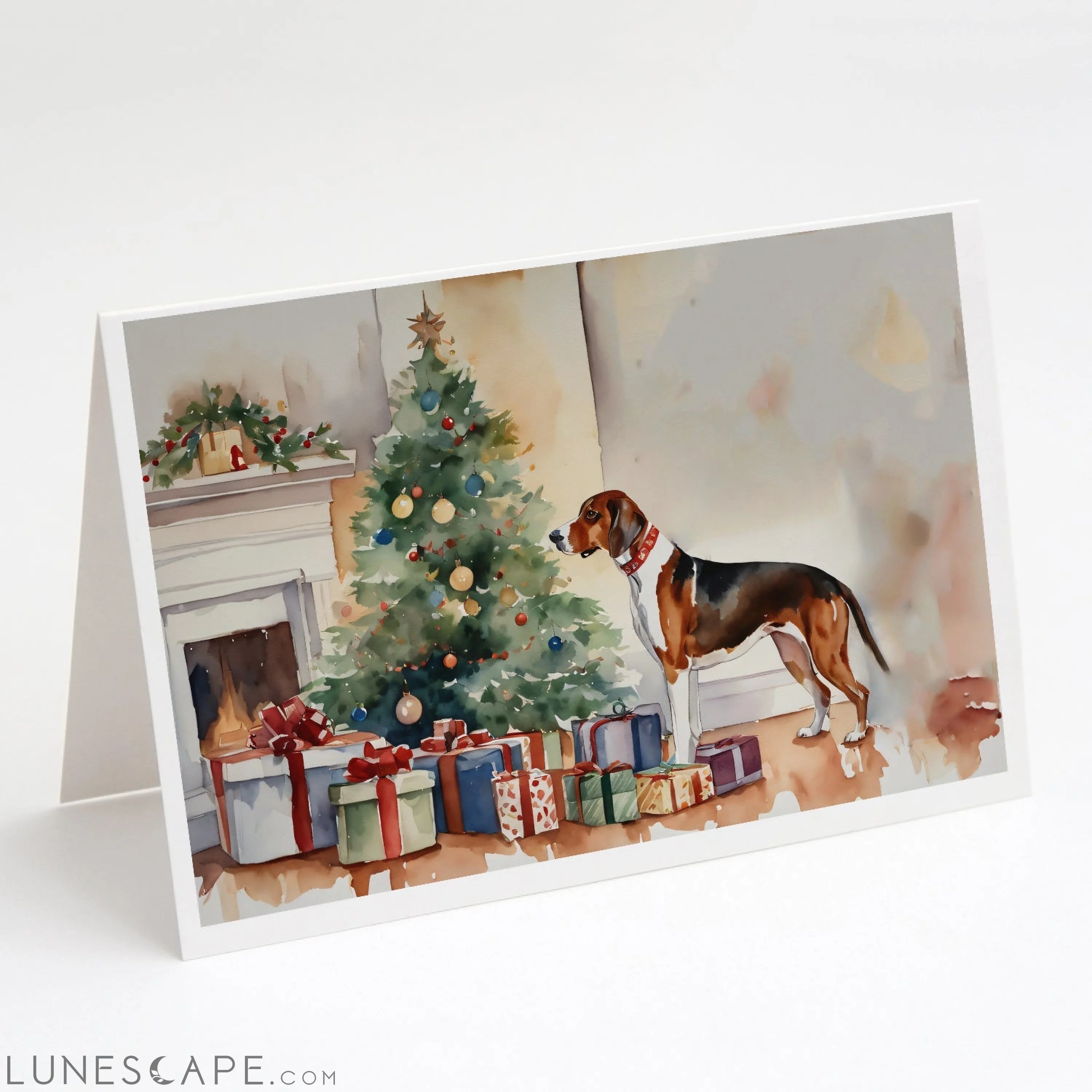 American English Coonhound Cozy Christmas Greeting Cards Pack of 8 LUNESCAPE
