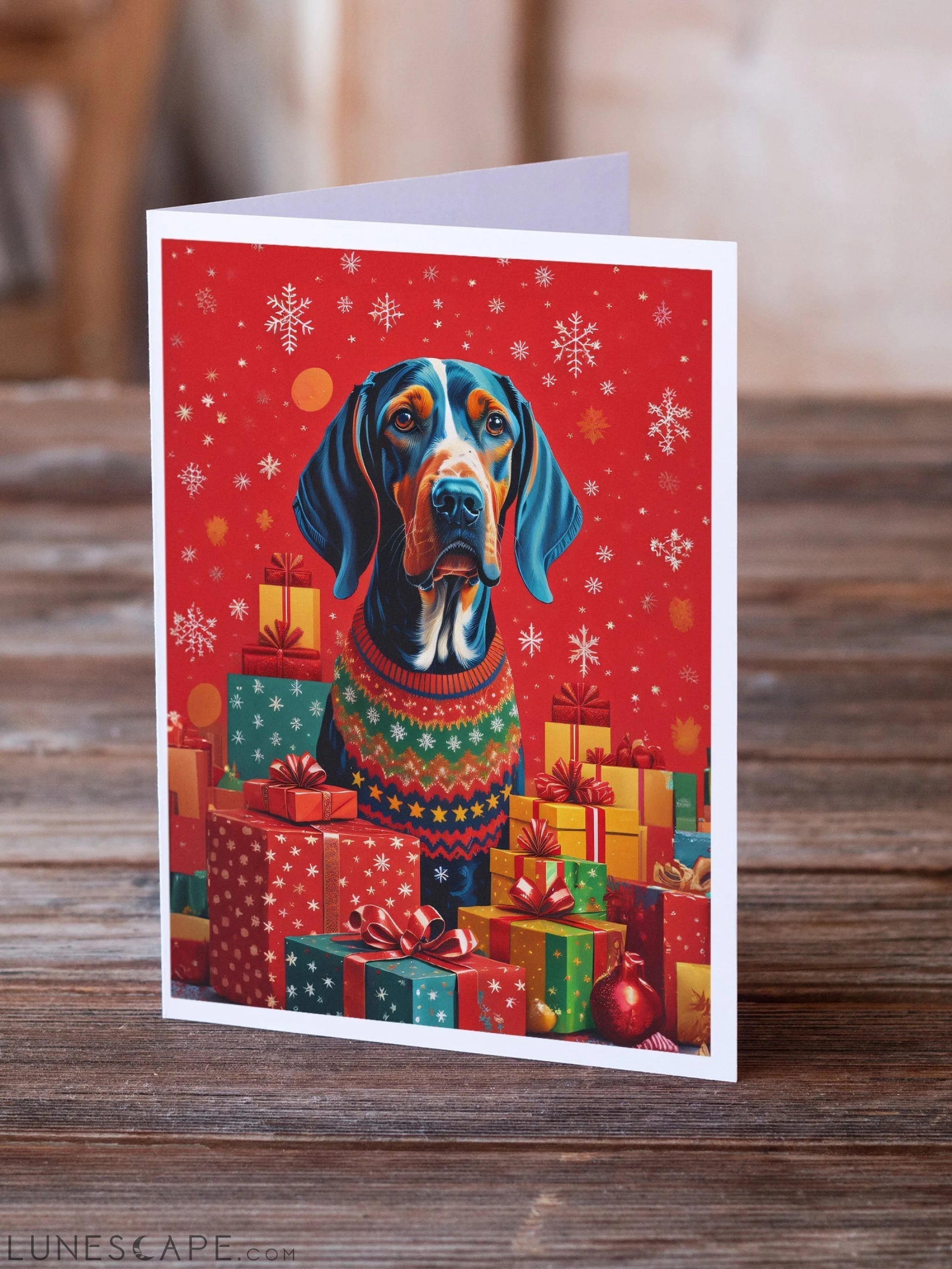 American English Coonhound Holiday Christmas Greeting Cards Pack of 8 LUNESCAPE