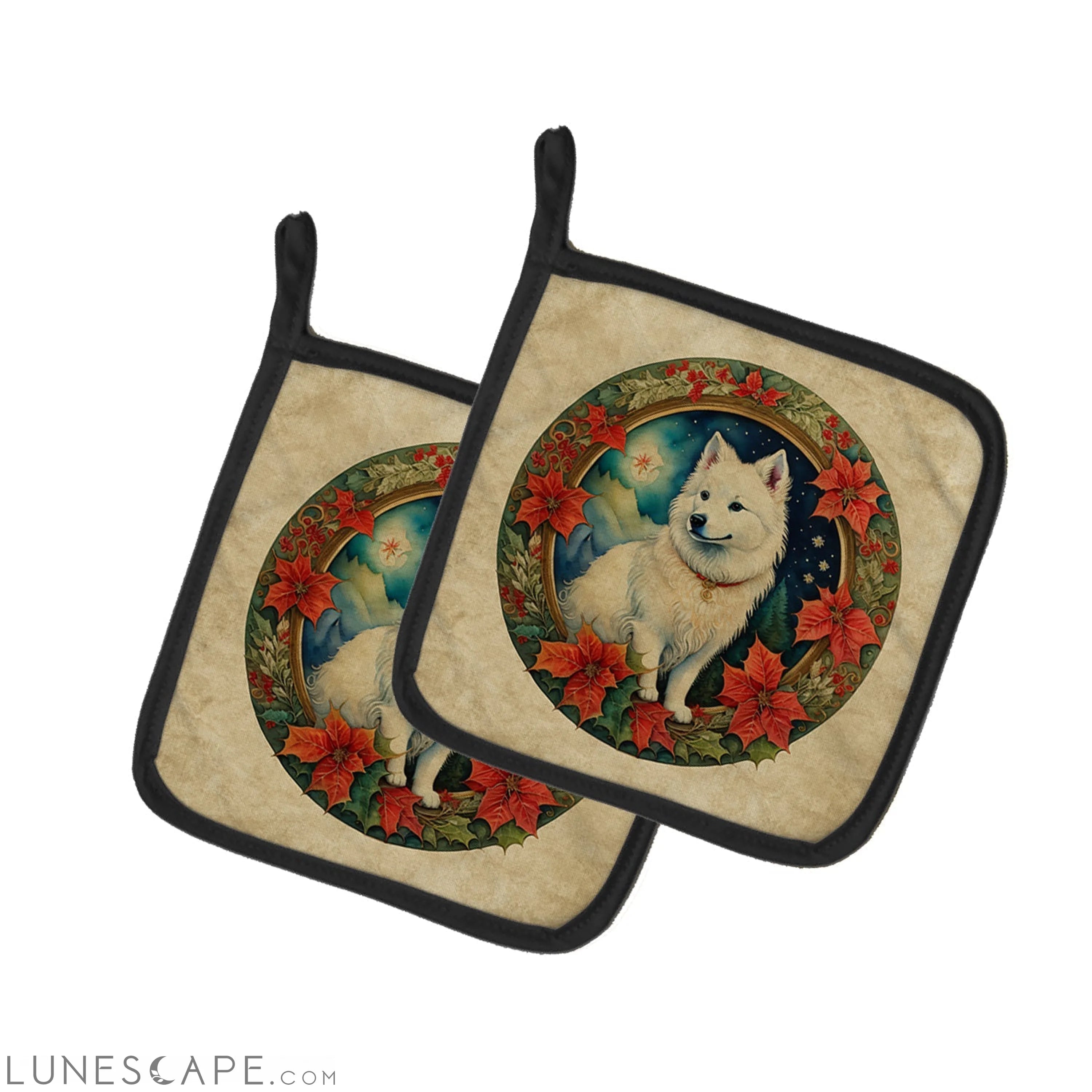 American Eskimo Christmas Flowers Pair of Pot Holders LUNESCAPE