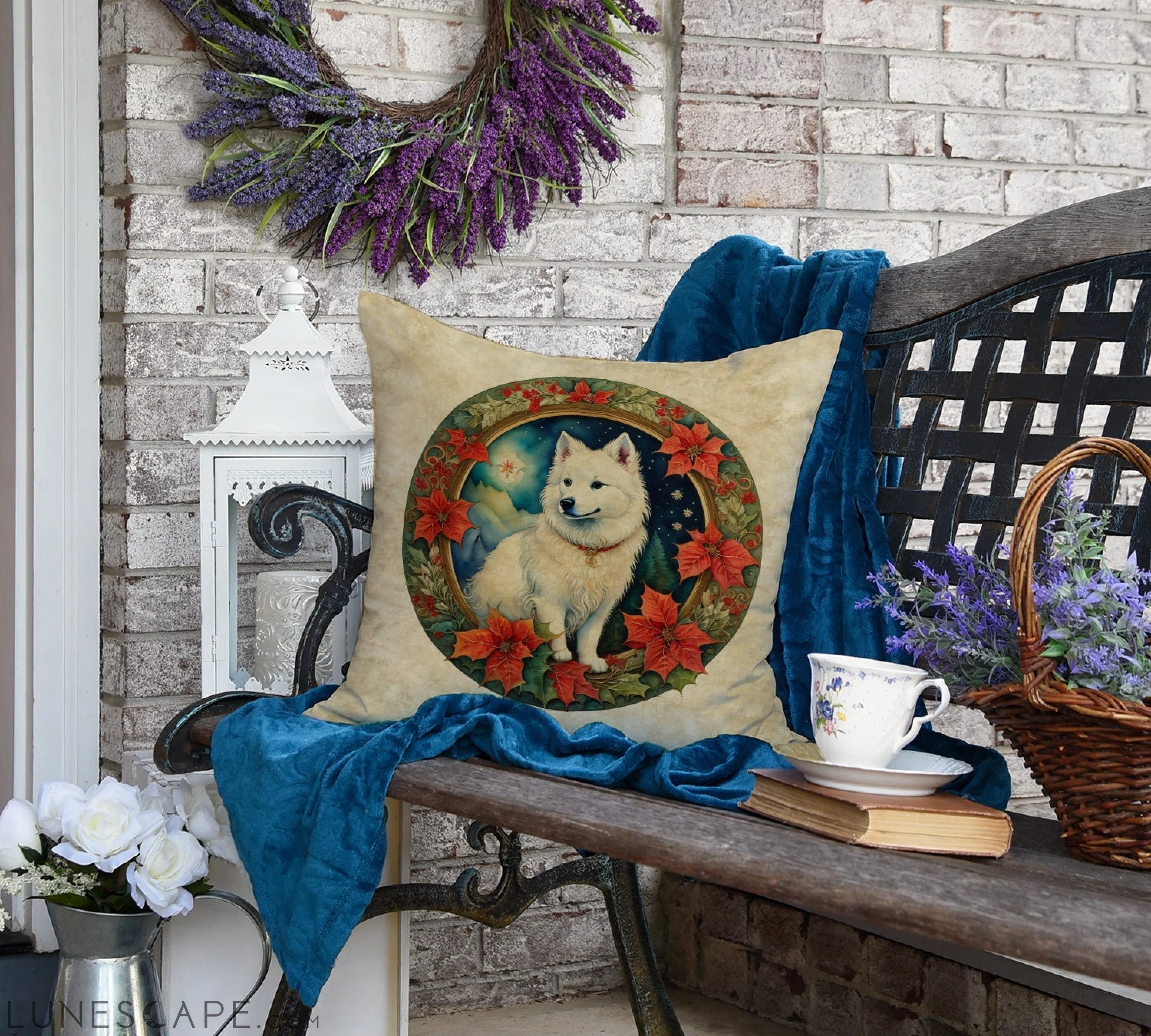 American Eskimo Christmas Flowers Throw Pillow LUNESCAPE