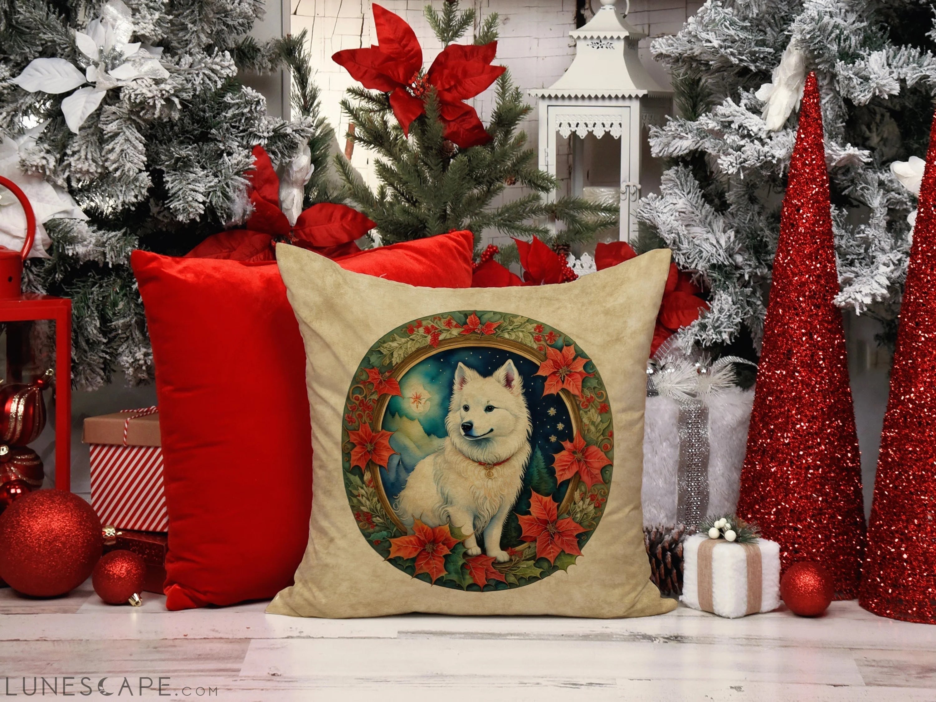 American Eskimo Christmas Flowers Throw Pillow LUNESCAPE