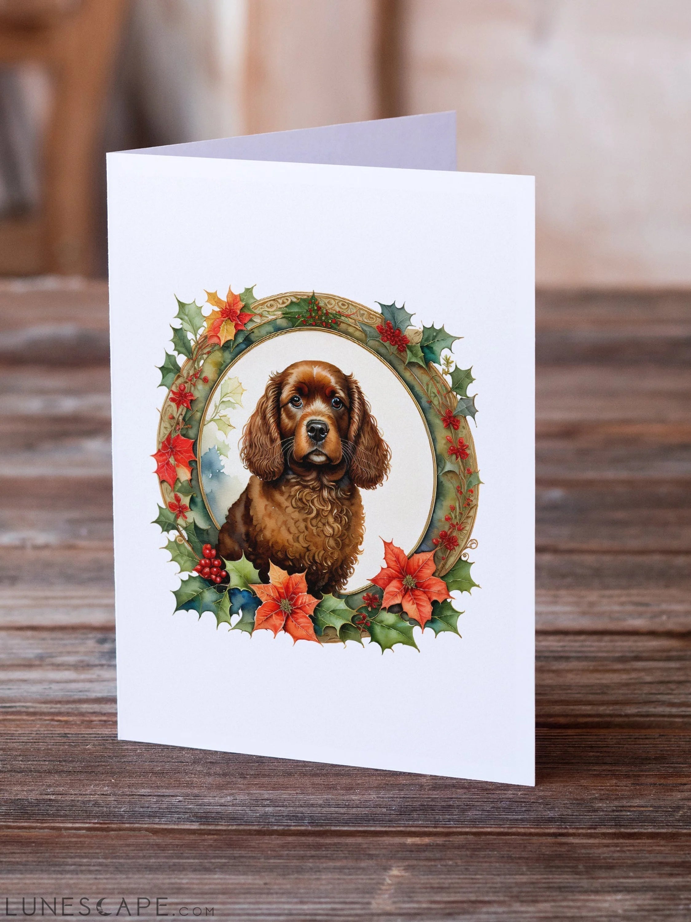 American Water Spaniel Christmas Flowers Greeting Cards Pack of 8 LUNESCAPE