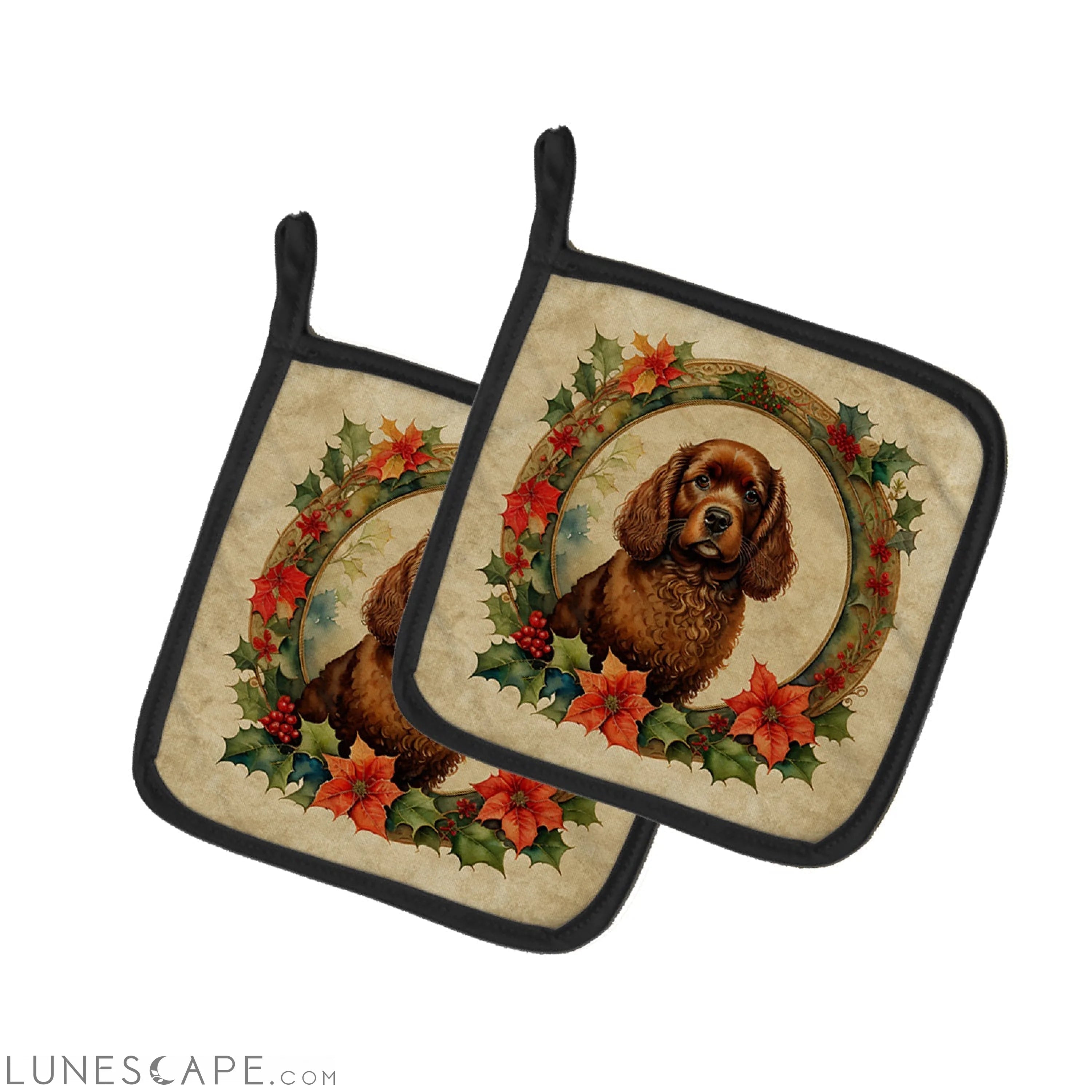 American Water Spaniel Christmas Flowers Pair of Pot Holders LUNESCAPE