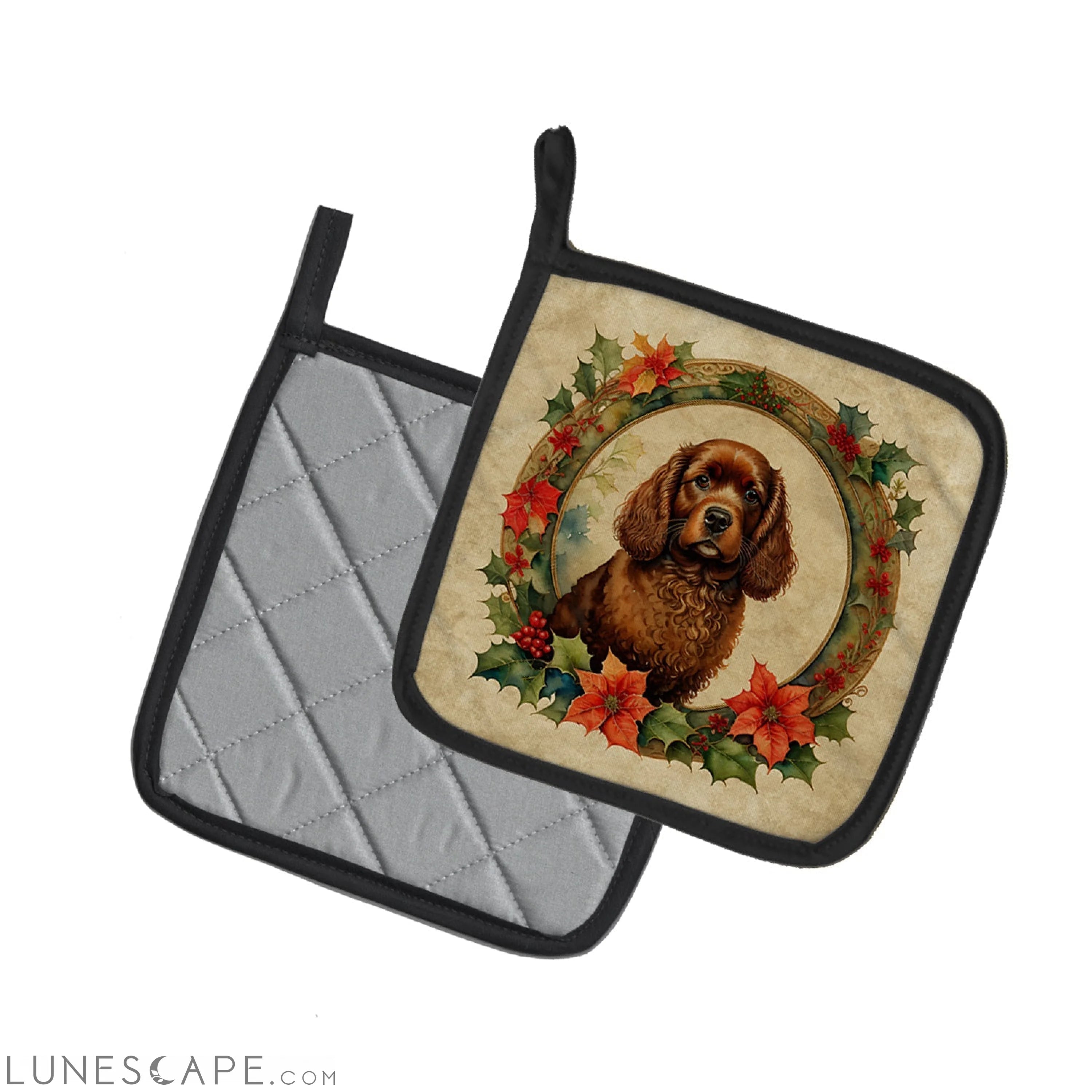 American Water Spaniel Christmas Flowers Pair of Pot Holders LUNESCAPE