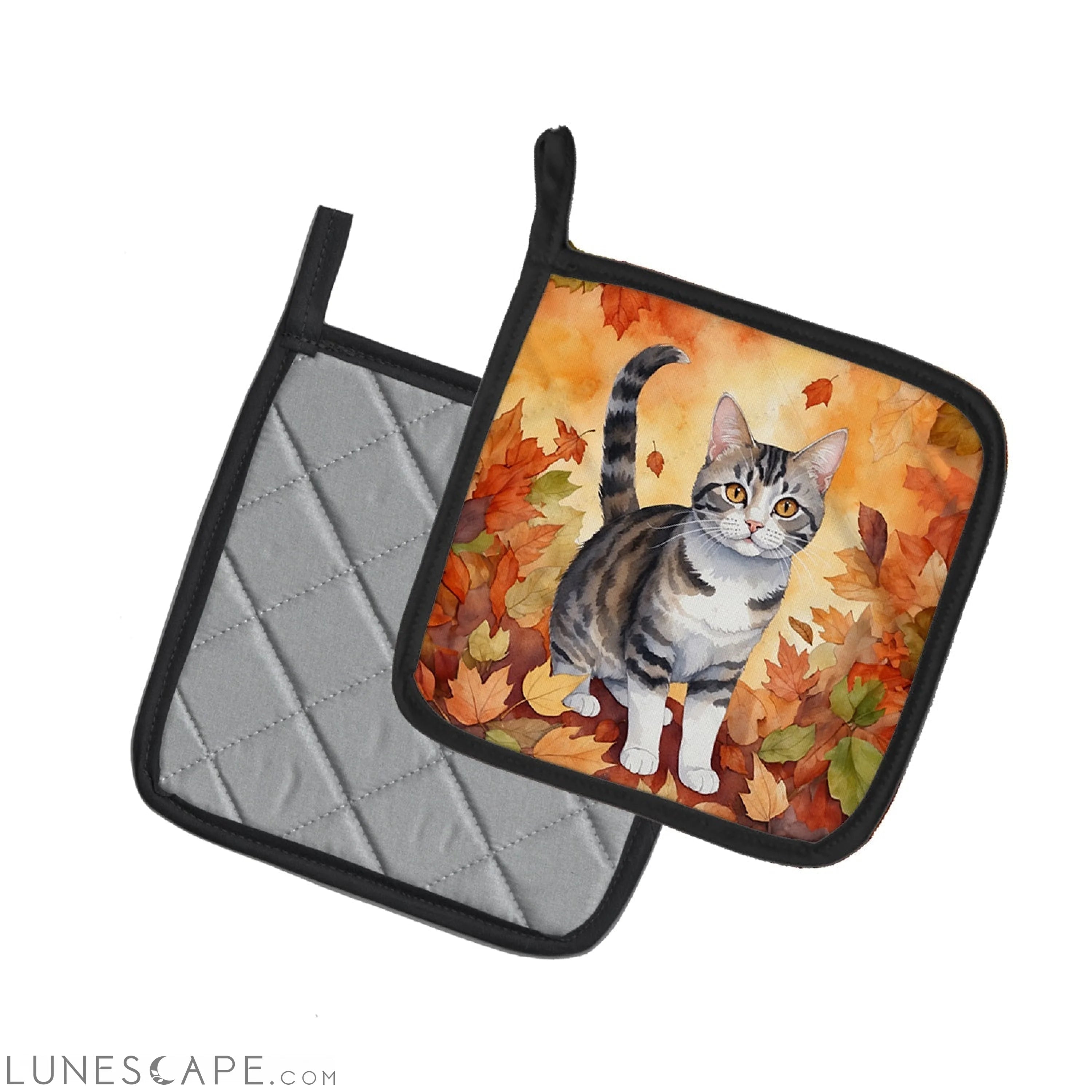 American Wirehair Cat in Fall Leaves Pair of Pot Holders LUNESCAPE