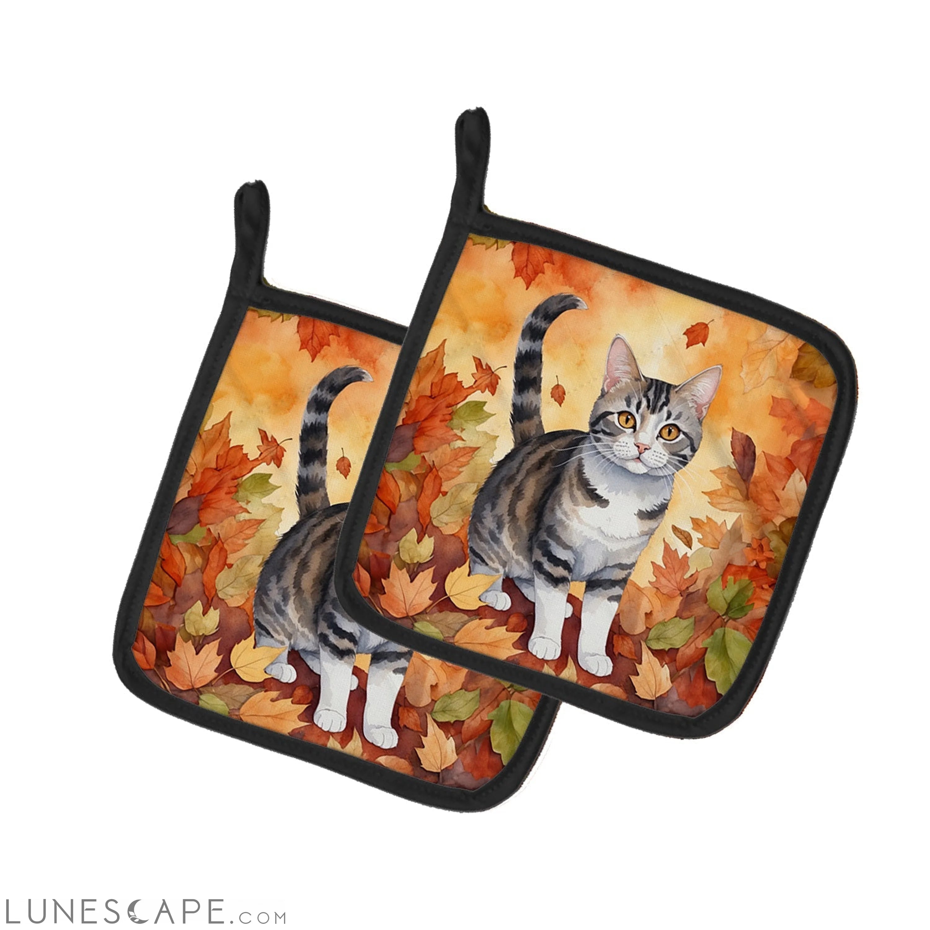 American Wirehair Cat in Fall Leaves Pair of Pot Holders LUNESCAPE