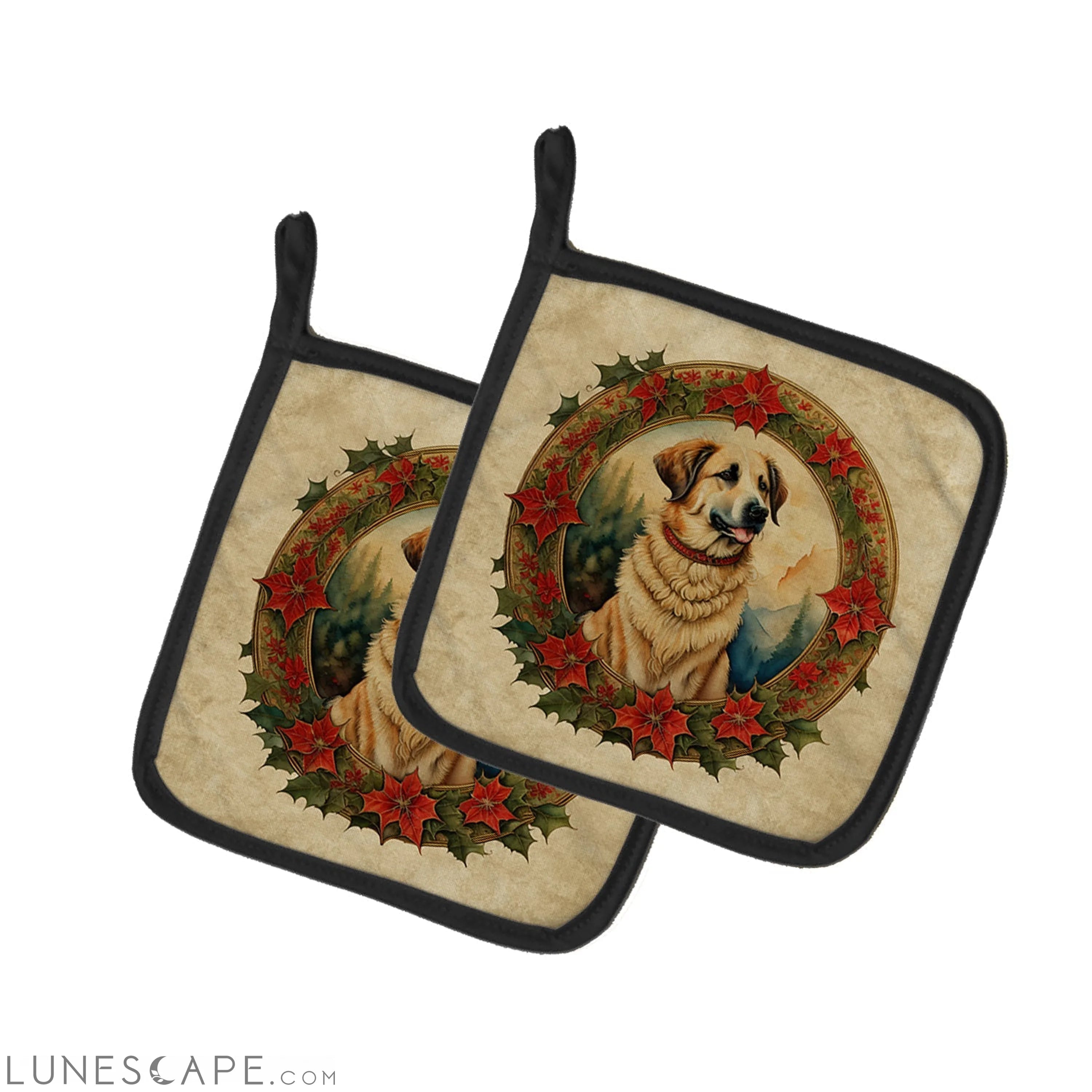 Anatolian Shepherd Dog Christmas Flowers Pair of Pot Holders LUNESCAPE