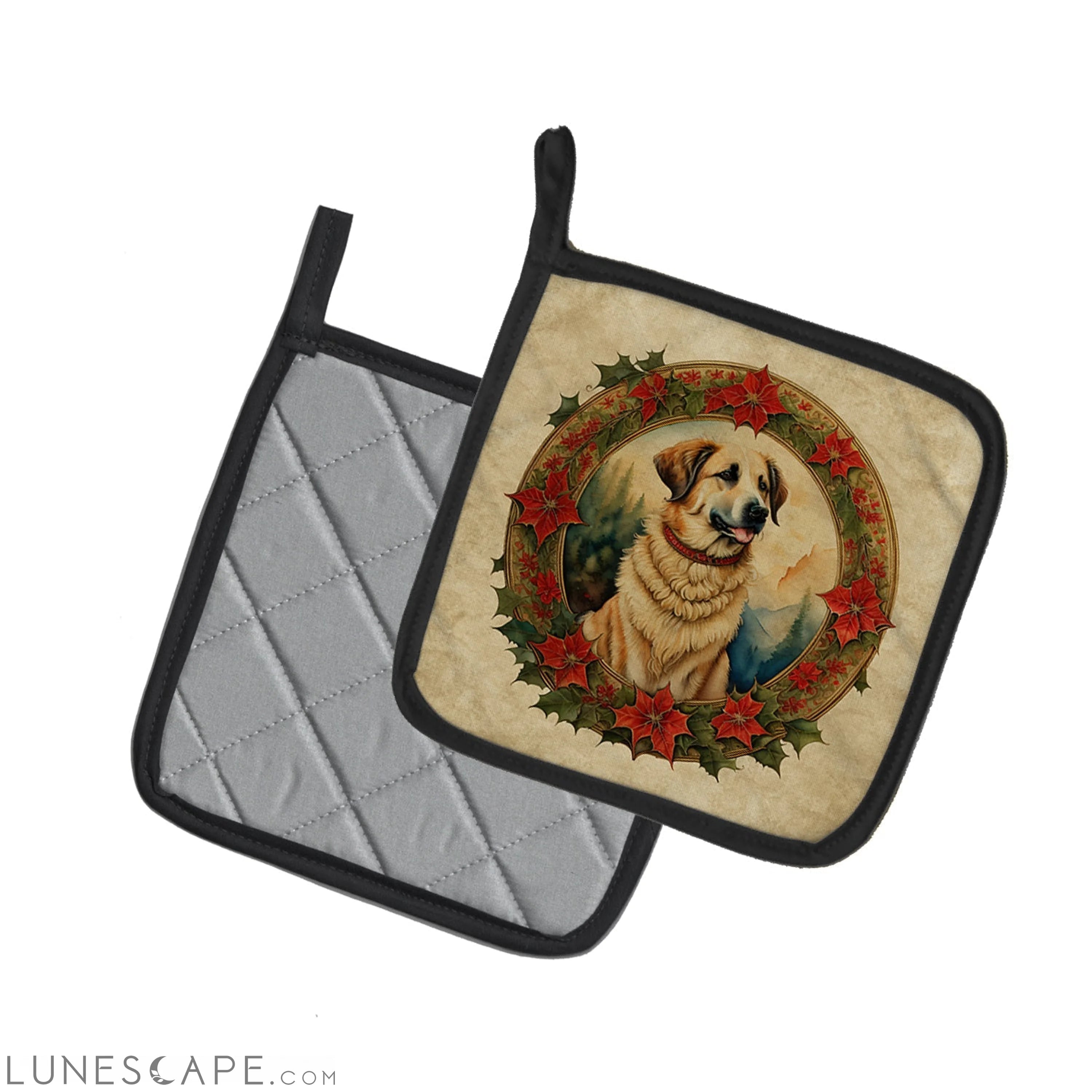 Anatolian Shepherd Dog Christmas Flowers Pair of Pot Holders LUNESCAPE