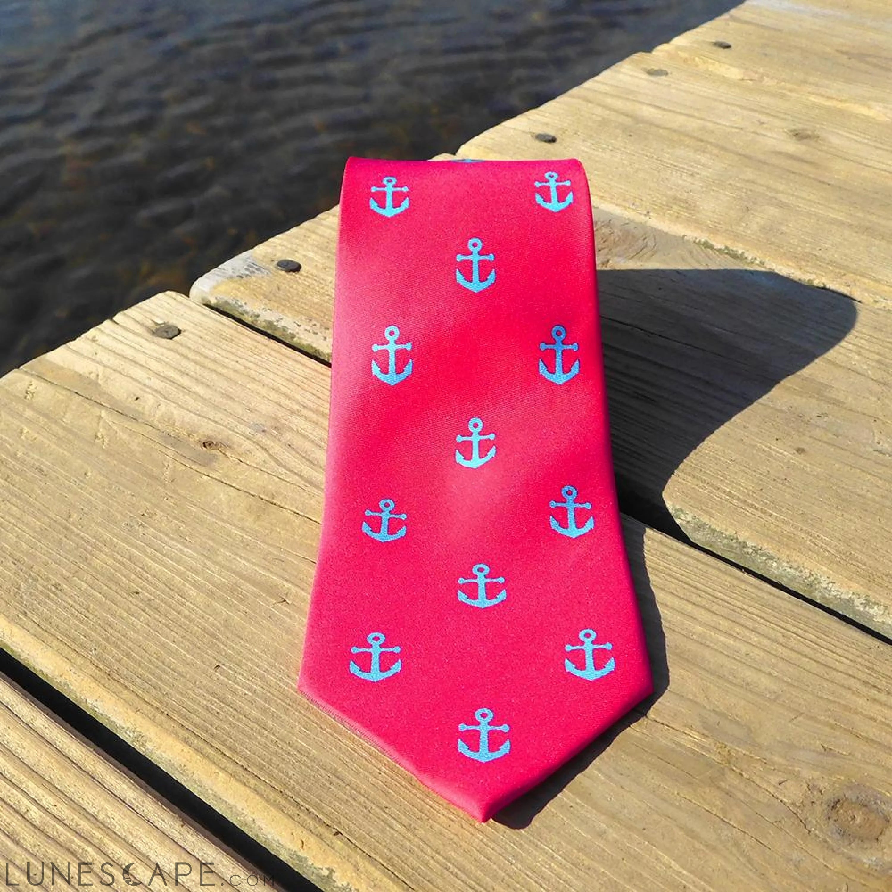 Anchor Necktie - Light Blue on Coral, Printed Silk LUNESCAPE
