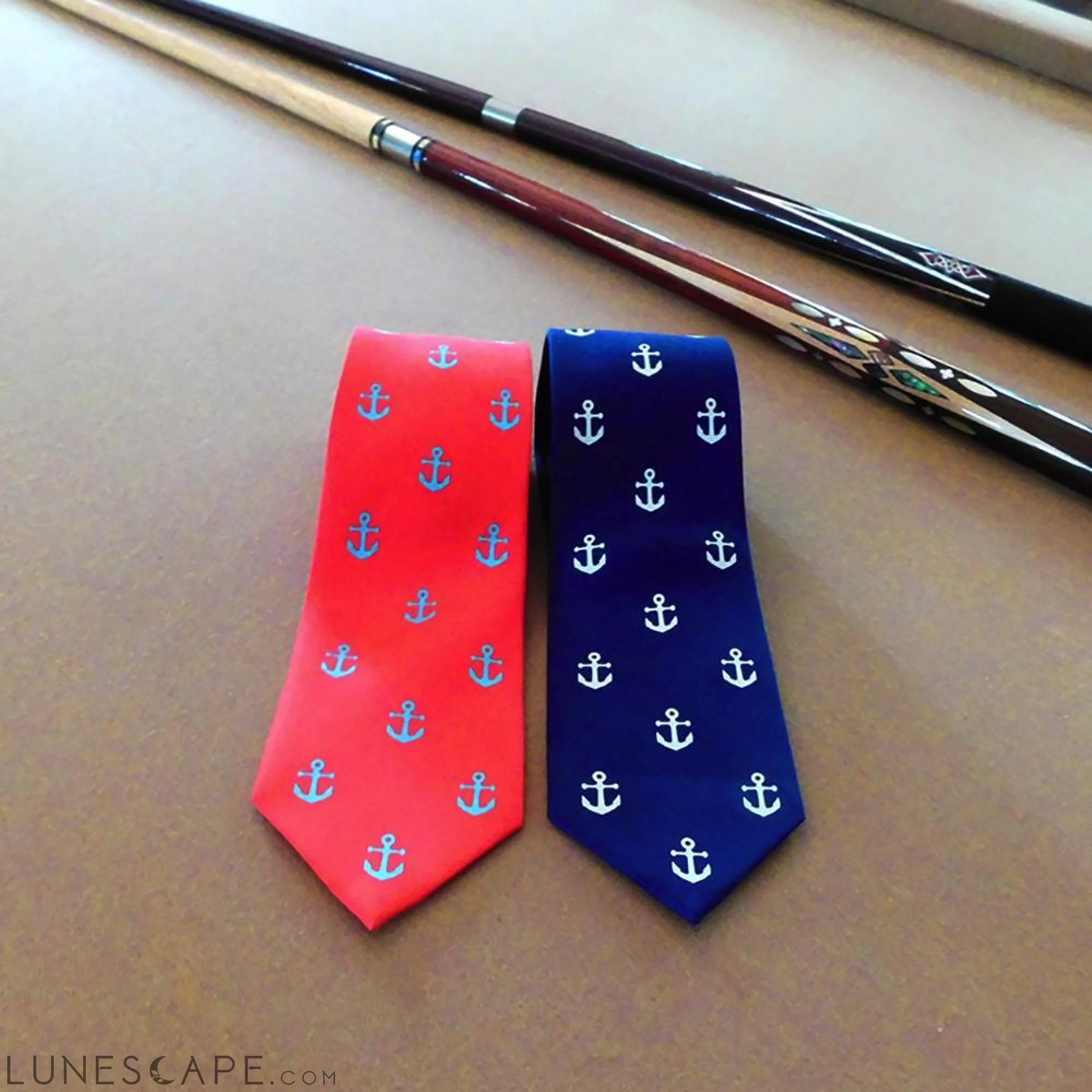 Anchor Necktie - Light Blue on Coral, Printed Silk LUNESCAPE