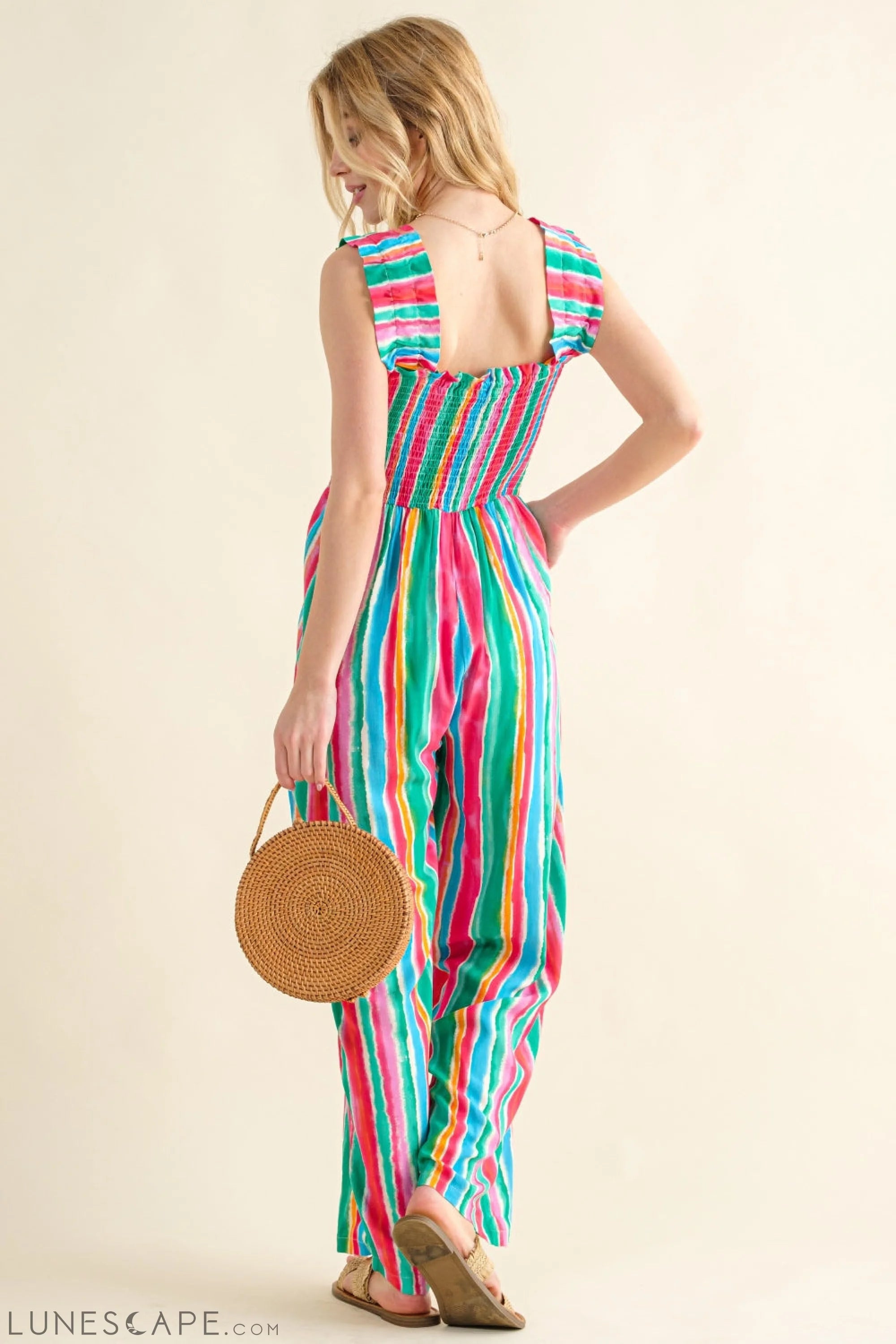 And The Why Full Size Striped Smocked Sleeveless Jumpsuit LUNESCAPE