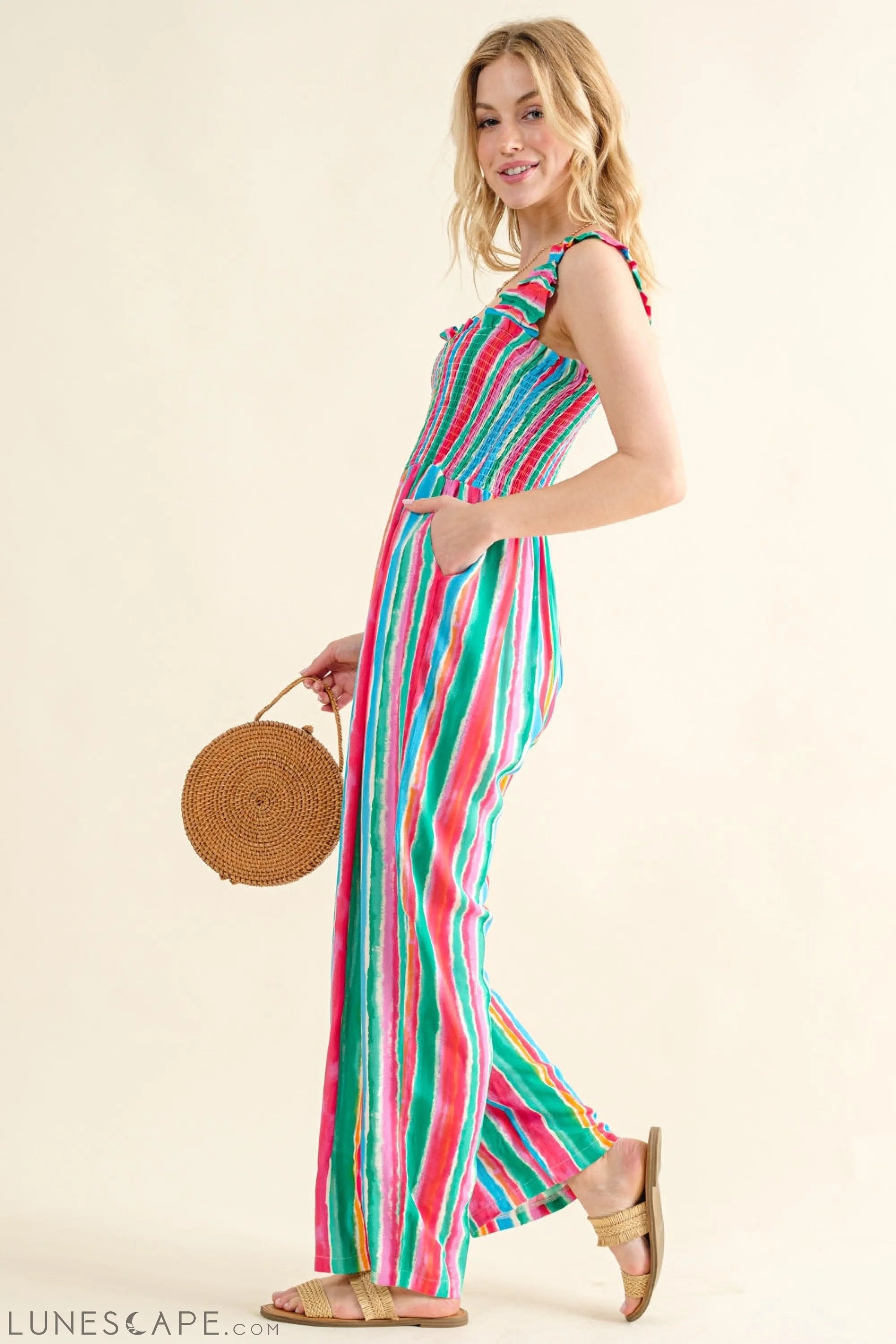 And The Why Full Size Striped Smocked Sleeveless Jumpsuit LUNESCAPE