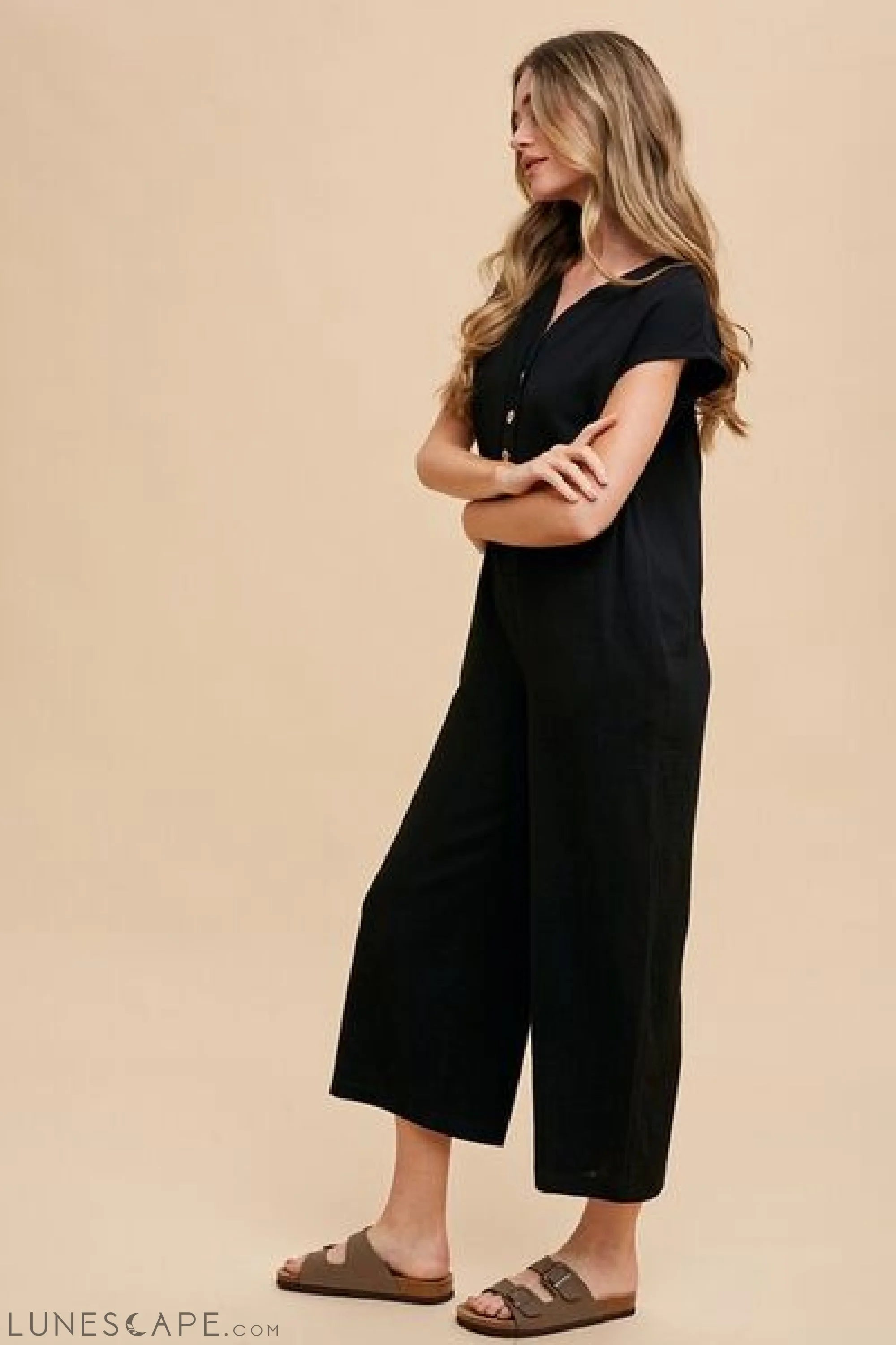 Annie Wear Button Detail Wide Leg Jumpsuit with Pockets LUNESCAPE