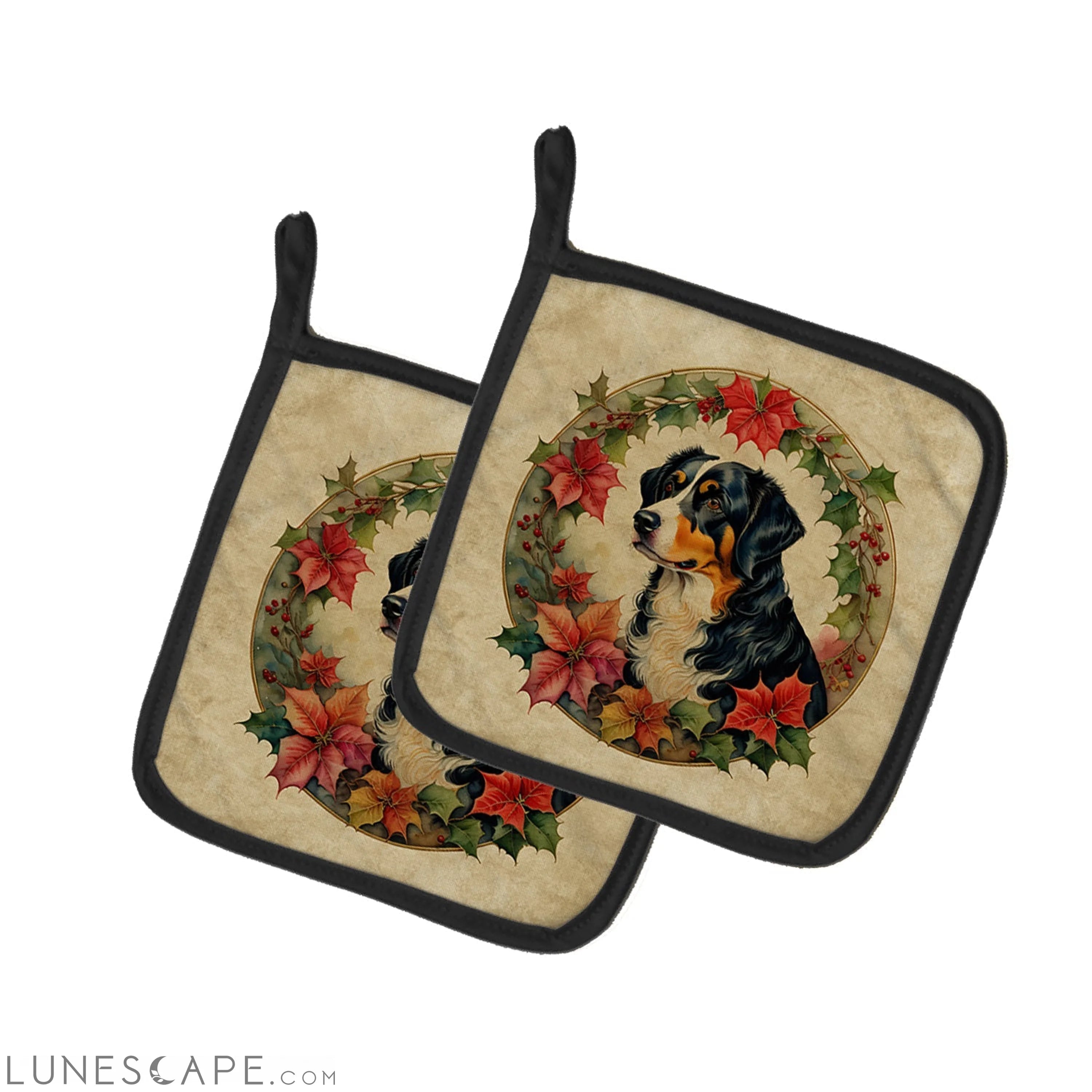 Appenzeller Sennenhund Christmas Flowers Pair of Pot Holders LUNESCAPE