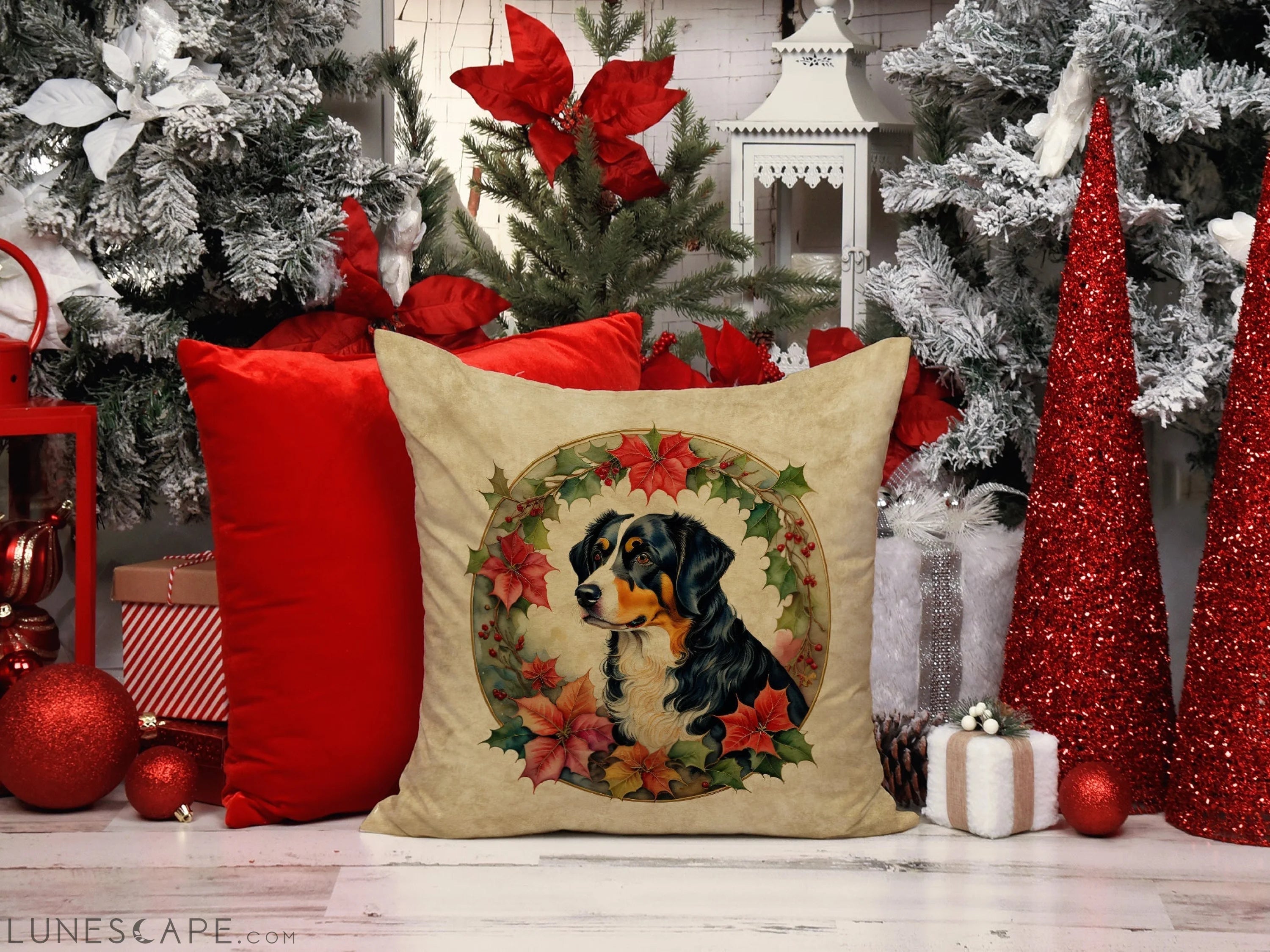 Appenzeller Sennenhund Christmas Flowers Throw Pillow LUNESCAPE