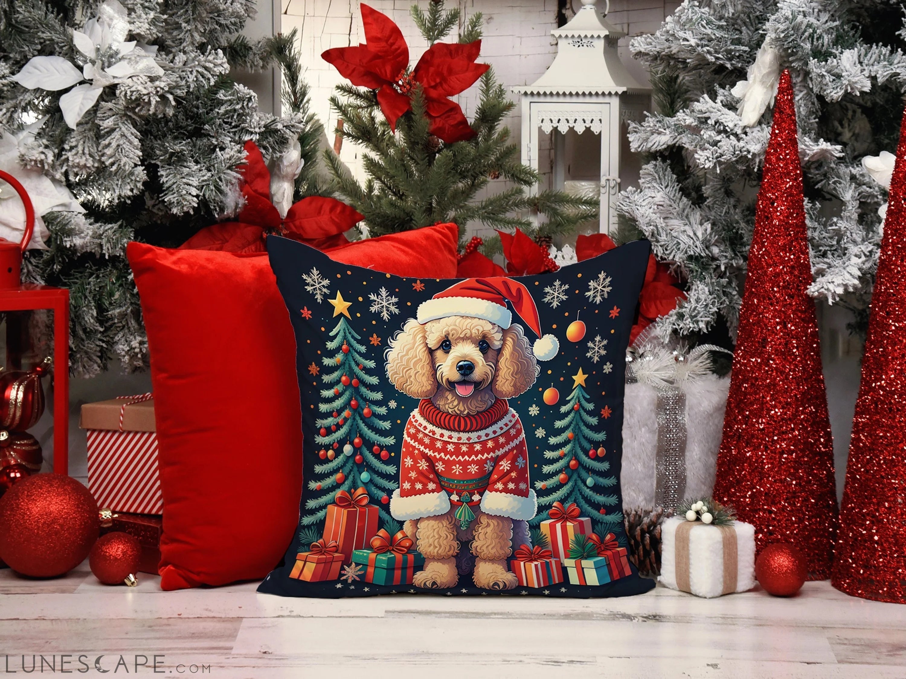 Apricot Toy Poodle Christmas Throw Pillow LUNESCAPE