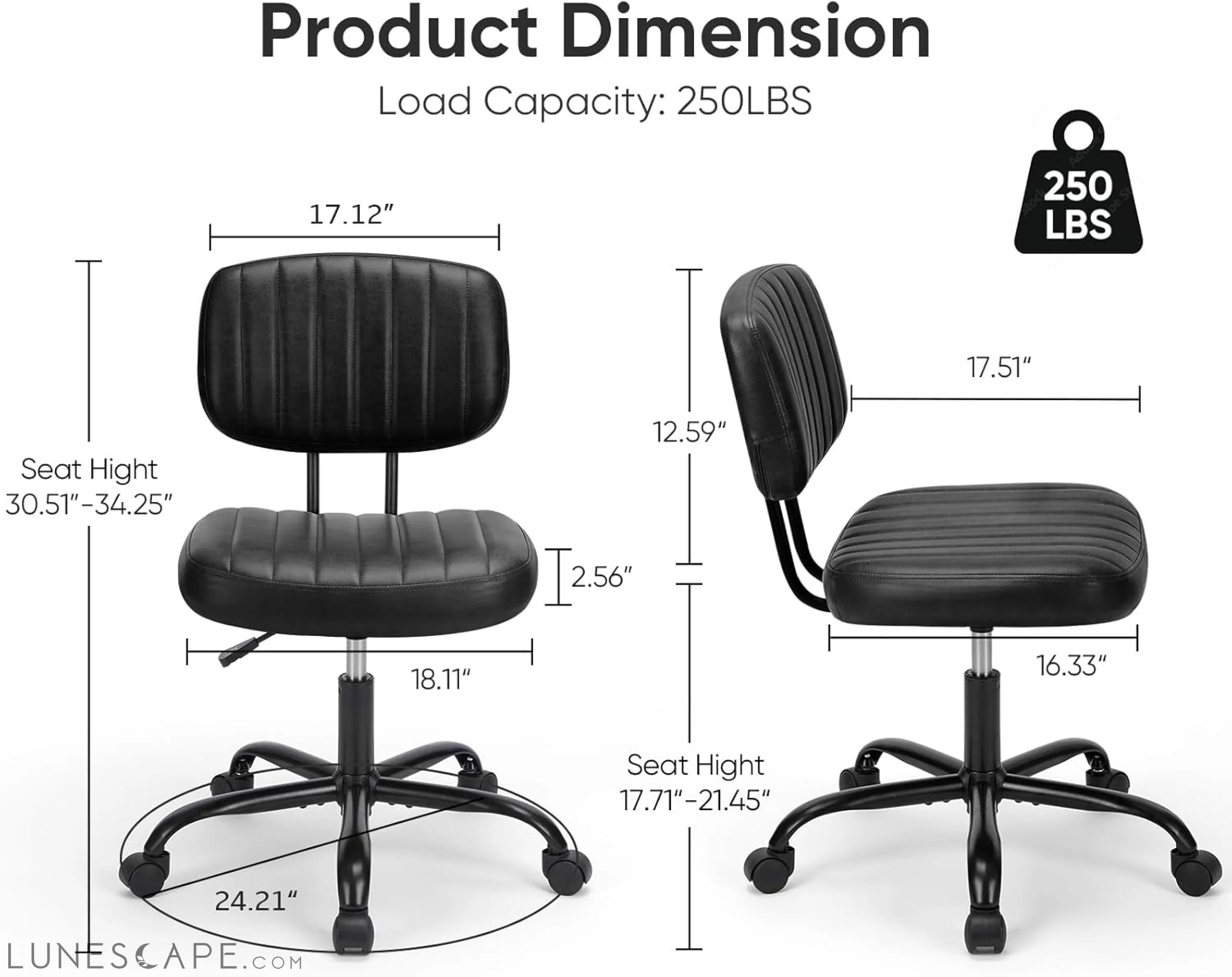 Armless Home Office Chair Ergonomic Desk with Comfy Low Back Lumbar LUNESCAPE