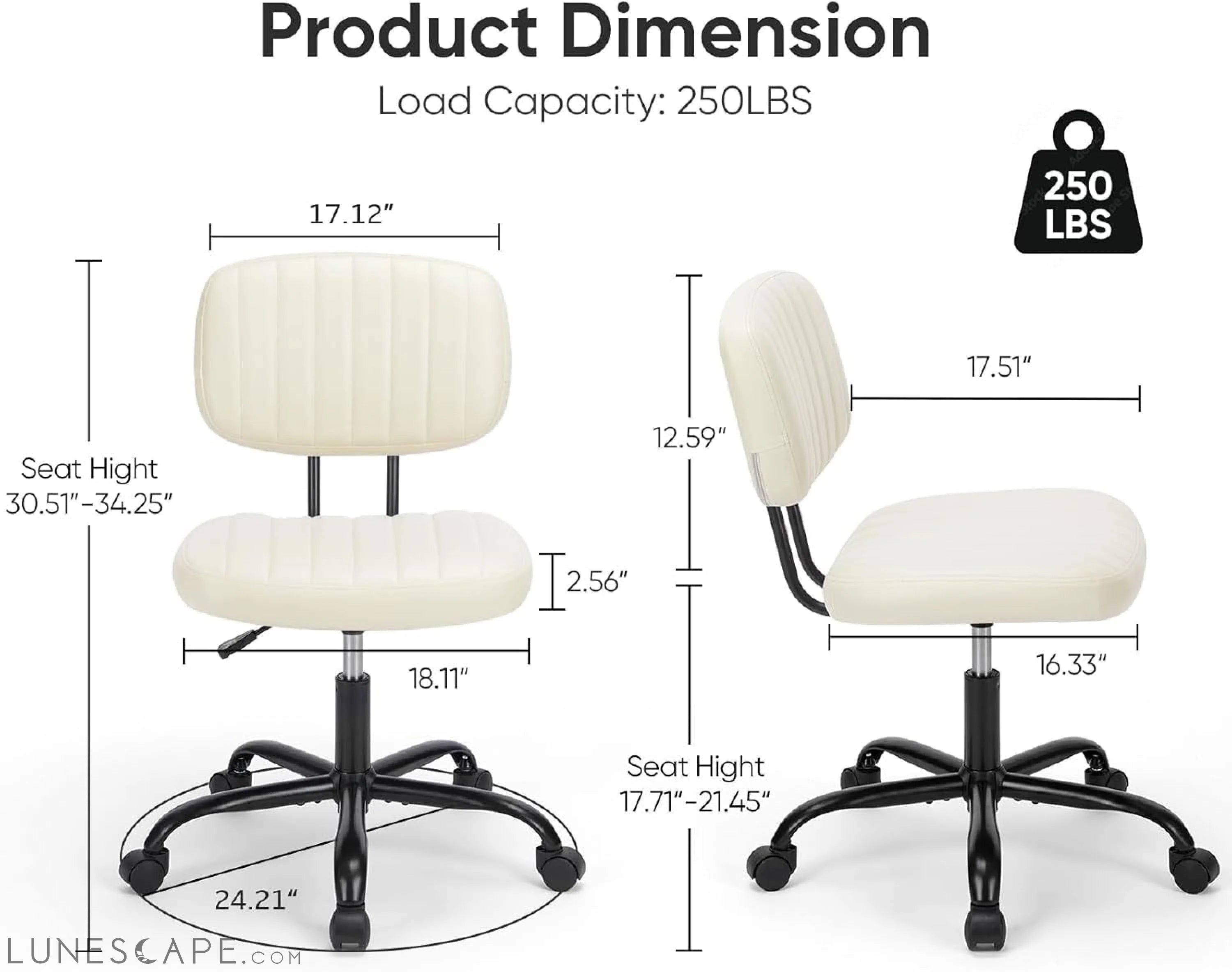 Armless Home Office Desk Chair -Small Ergonomic with Low Back Lumbar LUNESCAPE