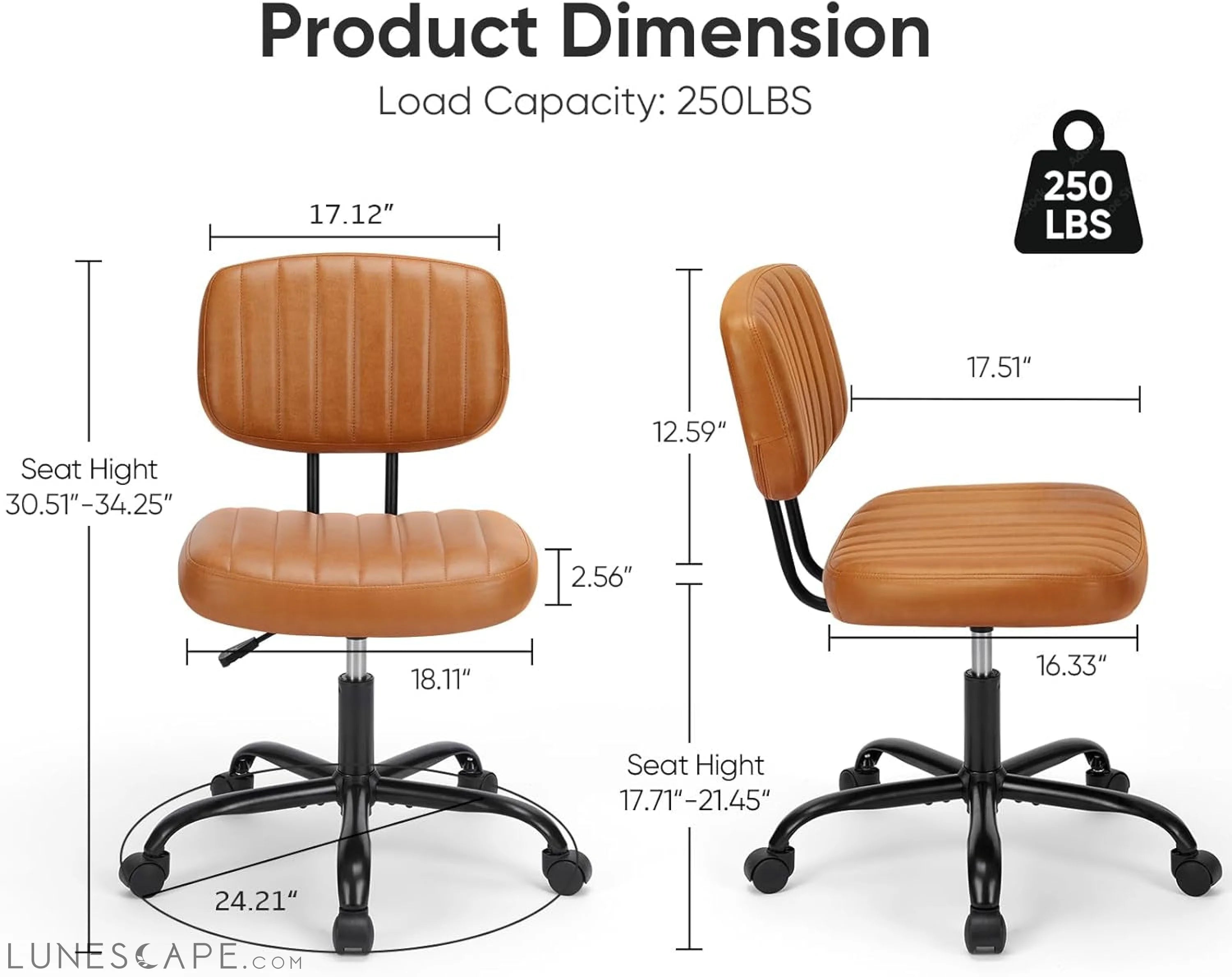 Armless Home Office Desk Chair -Small Ergonomic with Low Back Lumbar LUNESCAPE