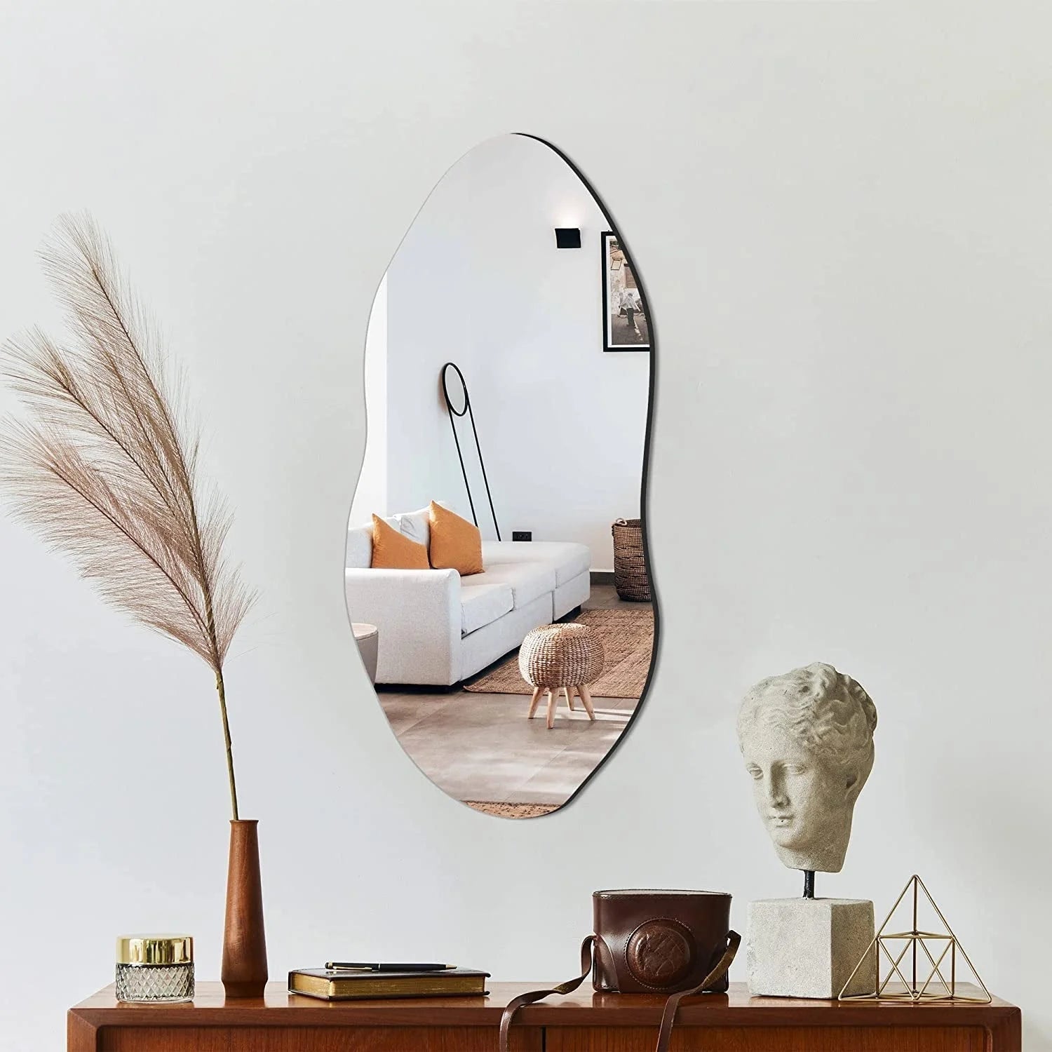 Asymmetrical Frameless Wall Mirror with Hooks for Entryway, Bedroom, LUNESCAPE