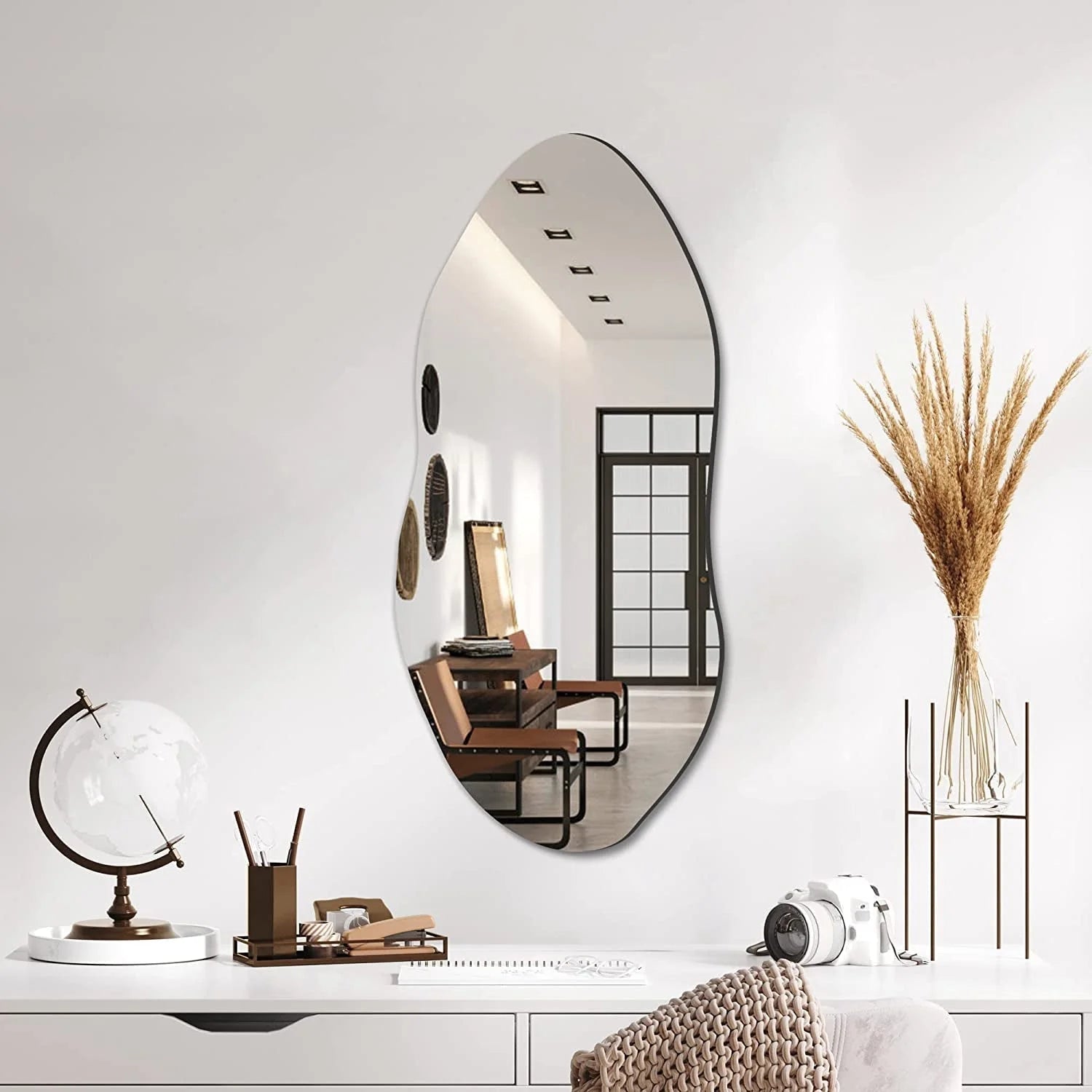 Asymmetrical Frameless Wall Mirror with Hooks for Entryway, Bedroom, LUNESCAPE