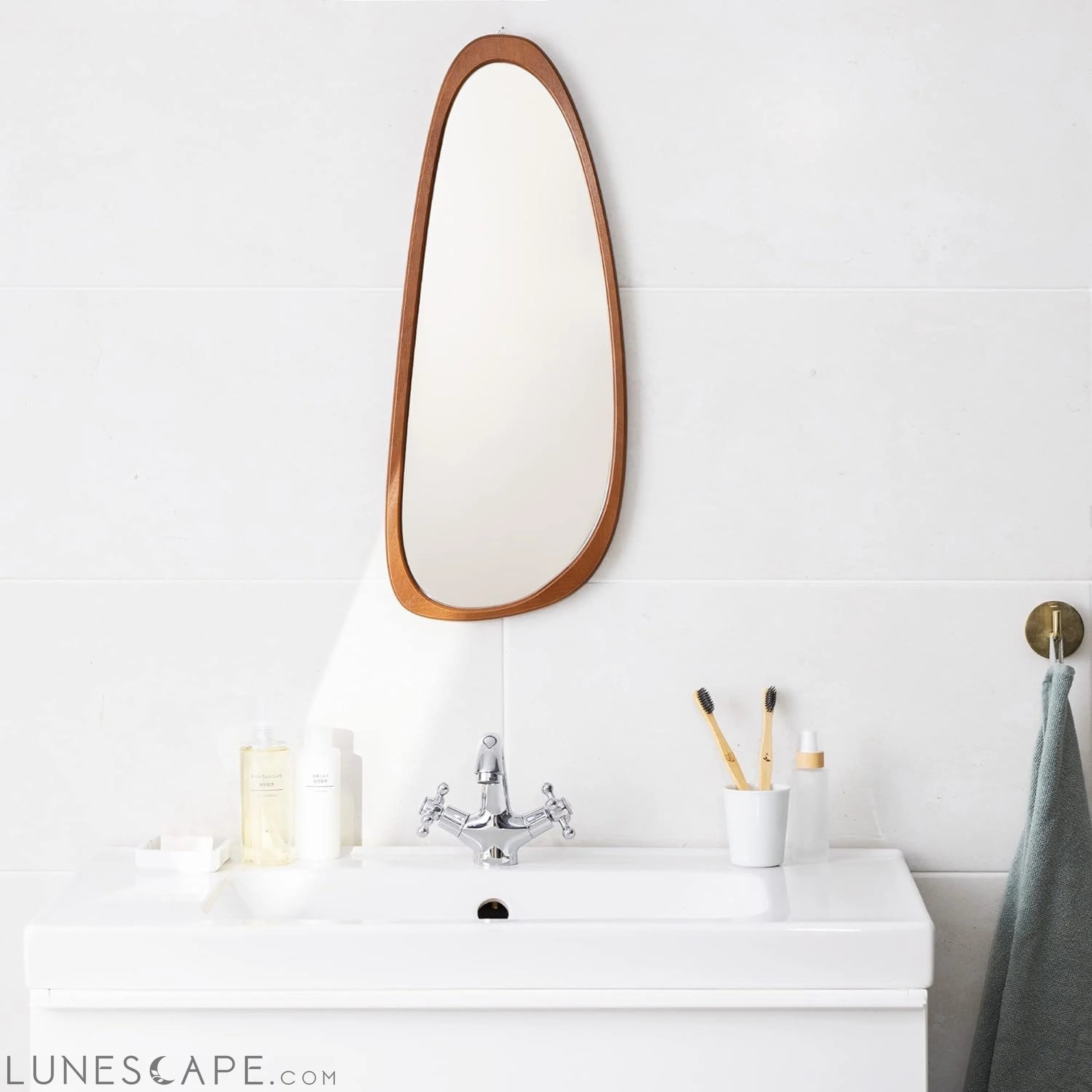 Asymmetrical Wooden Wall Mirror - 23.6 X 9.6 in - Mid Century Abstract LUNESCAPE