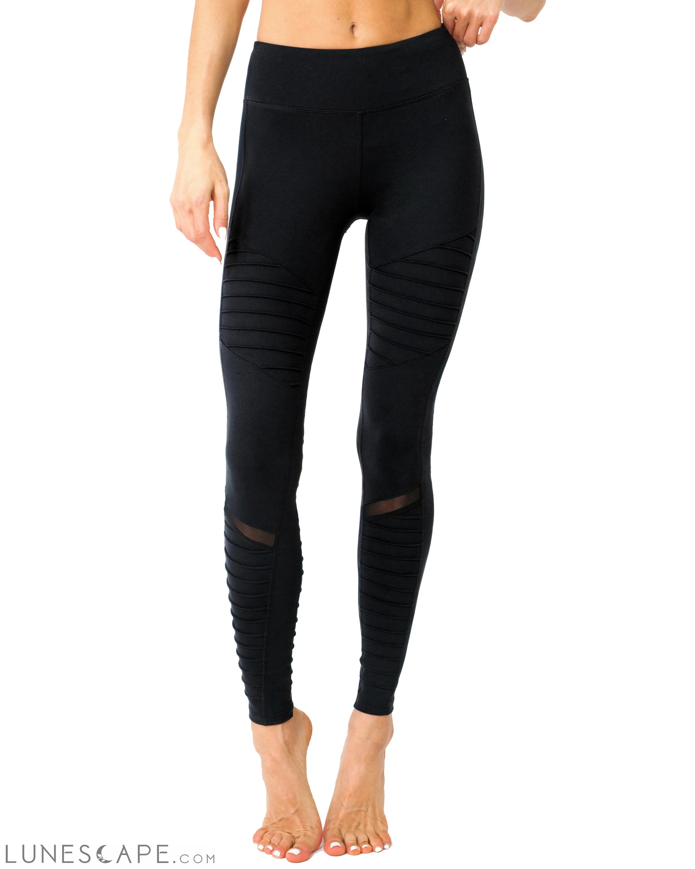 Athletique Low-Waisted Ribbed Leggings With Hidden Pocket & Mesh Panels - Black LUNESCAPE