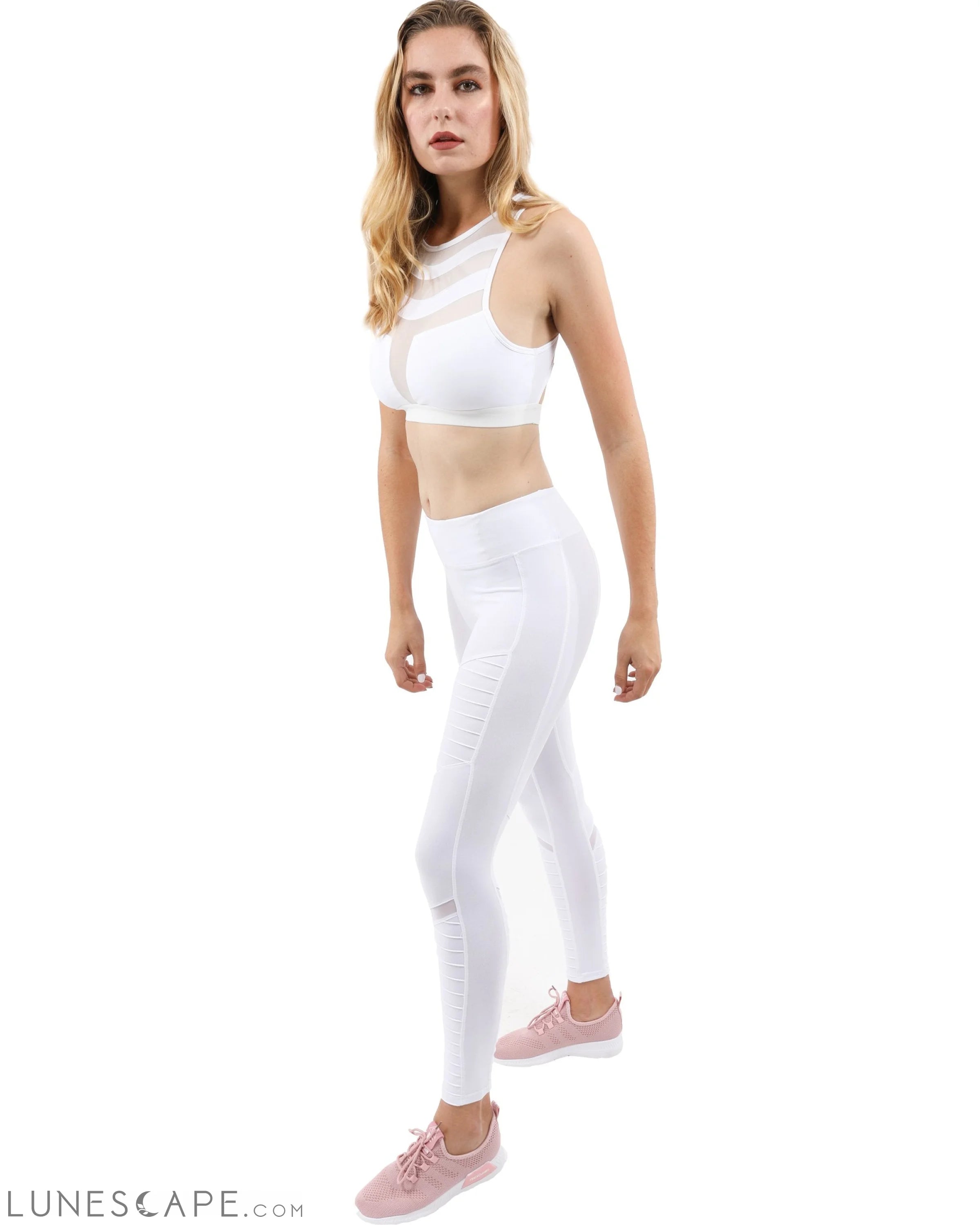 Athletique Low-Waisted Ribbed Leggings With Hidden Pocket & Mesh Panels - White LUNESCAPE