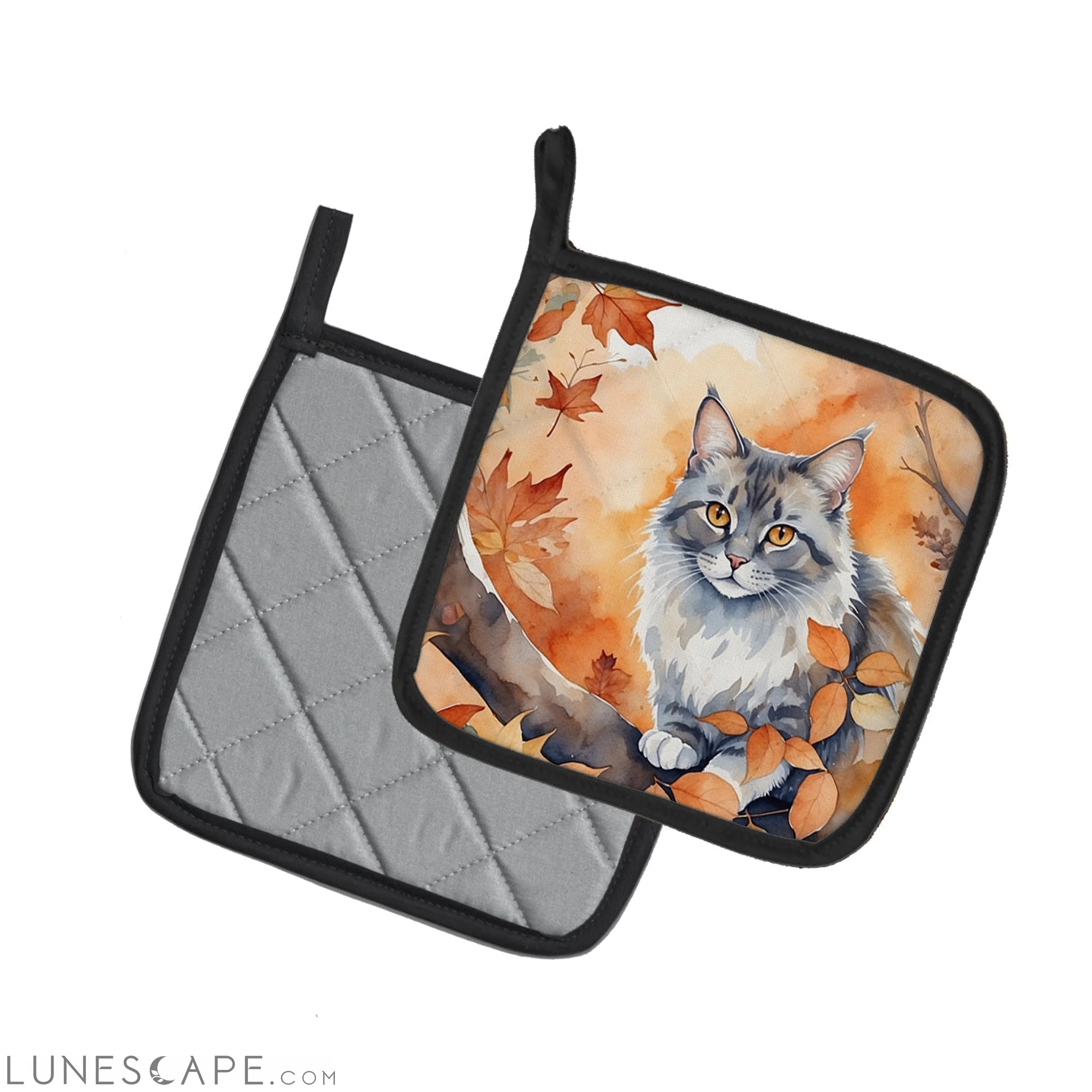 Australian Mist Cat in Fall Leaves Pair of Pot Holders LUNESCAPE